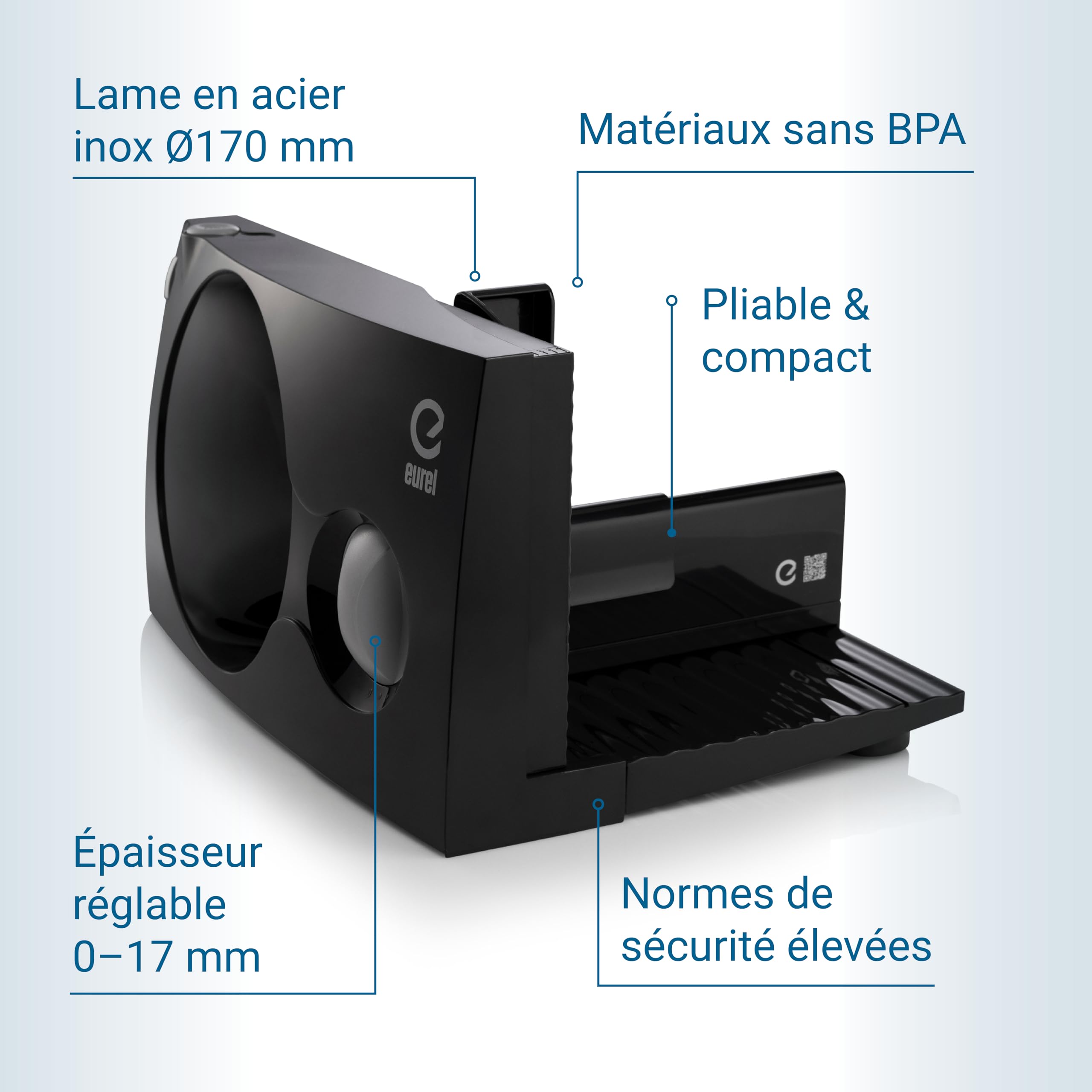 EUREL RS42 Trancheuse Électrique Noire Lame Inox Ø170 mm Épaisseur Réglable 0-17 mm Moteur CC EcoDrive 80 W