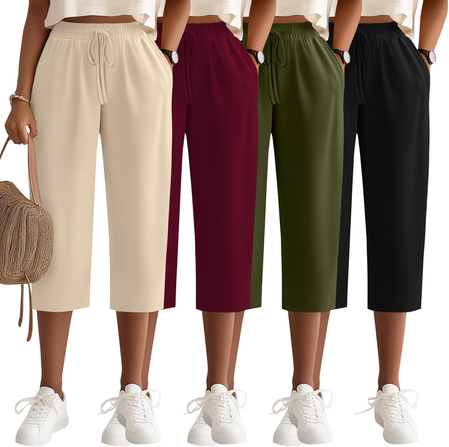 Neer 4 Pack Women's Capri Pants Wide Leg Yoga Capri Sweatpants Drawstring Summer Lounge Loose Fit Cropped Pants with Pockets