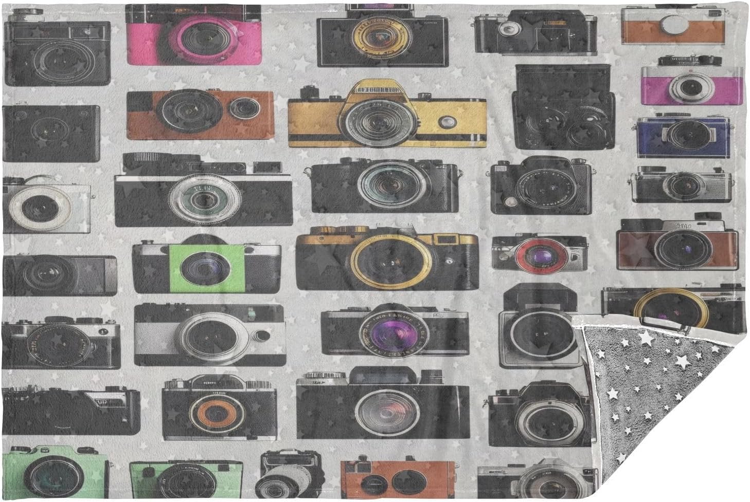 Old Fashioned Photo Cameras Travel Blanket Glowing in The Dark, Soft 2 in 1 Airplane Blanket 65" x 55", Foldable as Pillow, Luggage Sleeve & Backpack Clip