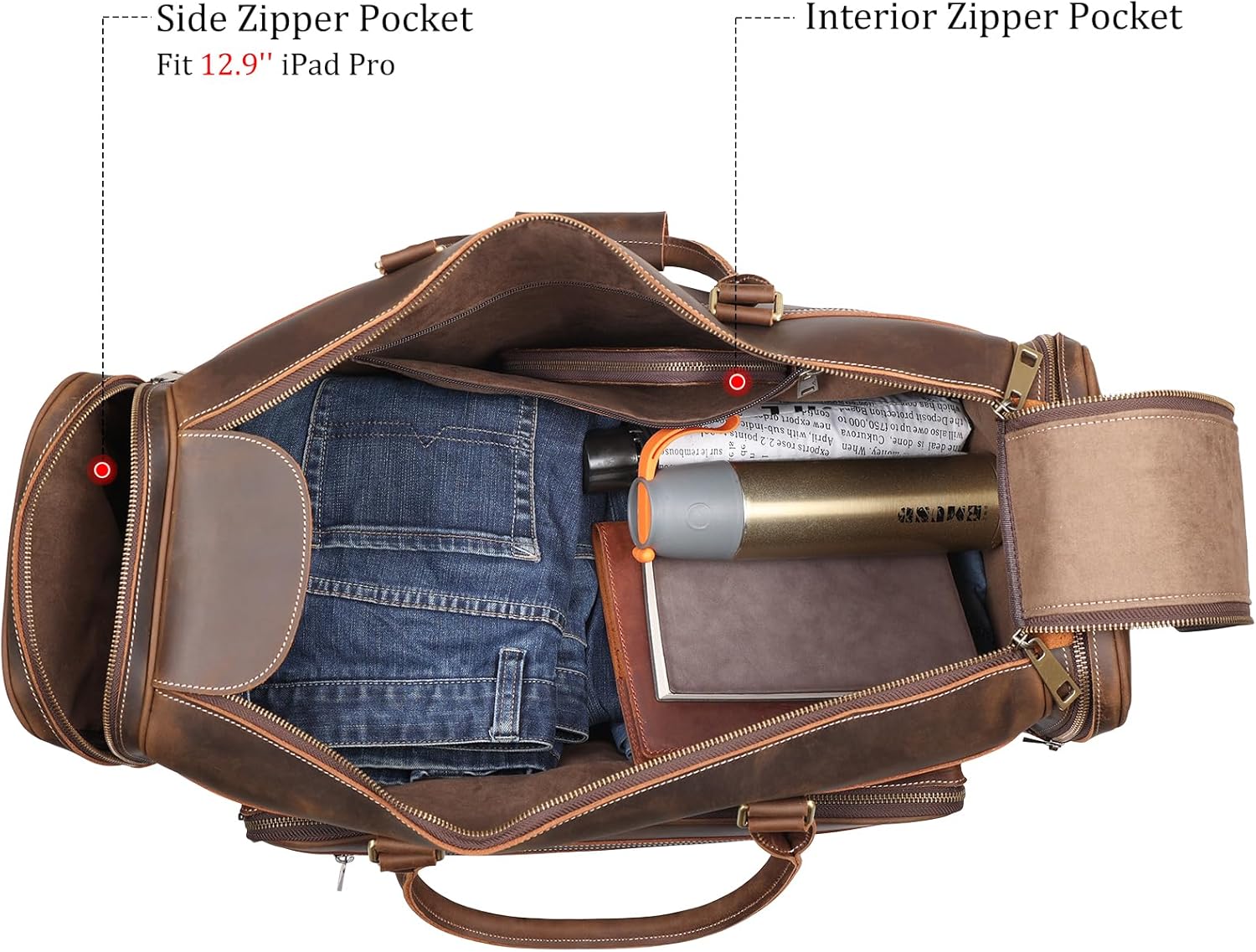 Polare 24" Retro Full Grain Leather Duffel Weekender Travel Overnight Luggage Bag With YKK Metal Zippers