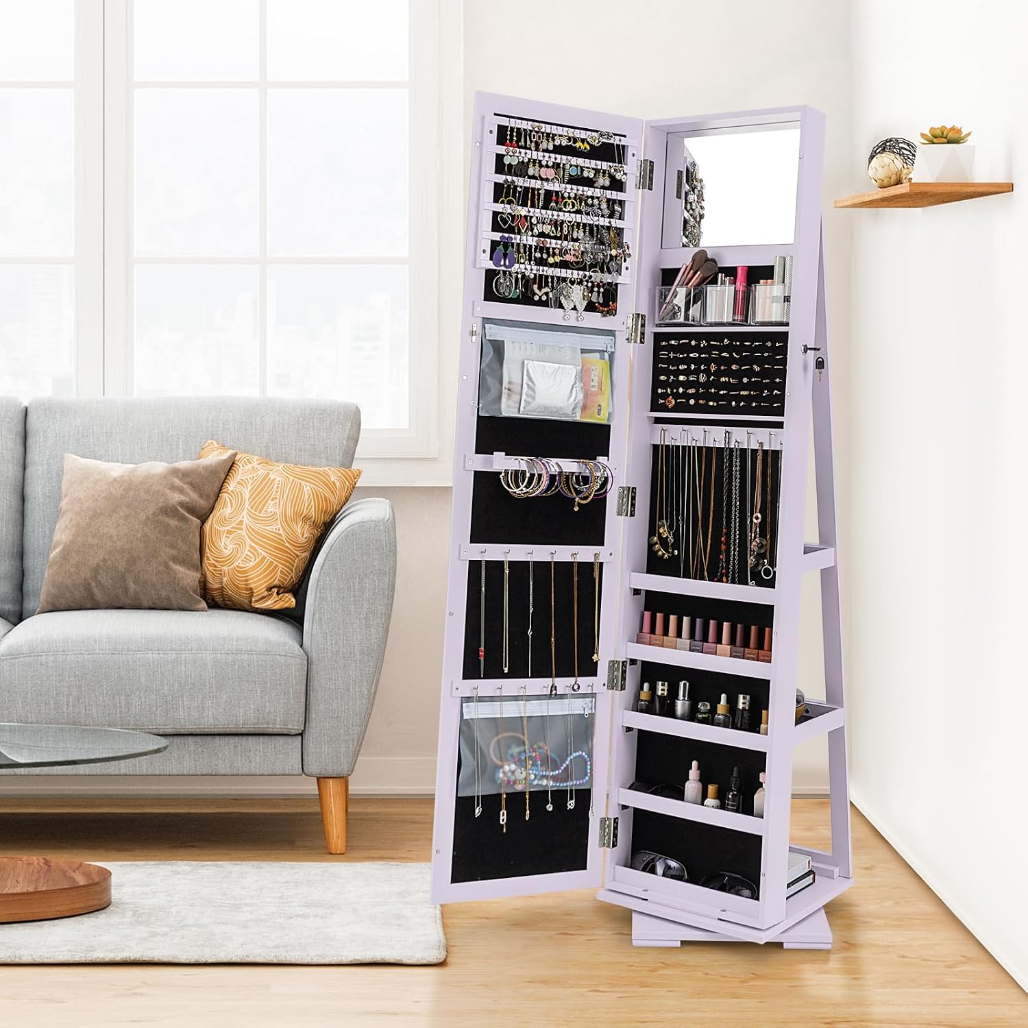 LOKO 360° Rotating Jewelry Armoire, Freestanding Jewelry Cabinet with Inside Makeup Mirror, 2-in-1 Lockable Jewelry Organizer w/Full-Length Mirror for Women (Lavender)