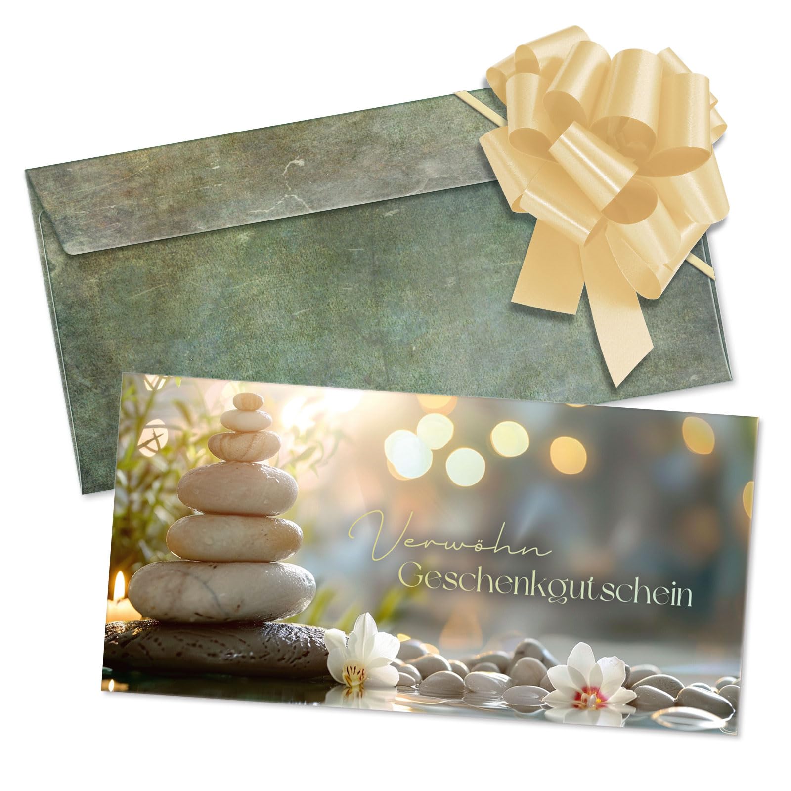 GESCHENKGUTSCHEINcom Gutschein-Set - 50 Gutscheine mit Umschlag & Schleife für Kosmetiksalon Wellness Massageinstitute, blanko zum selber Ausfüllen