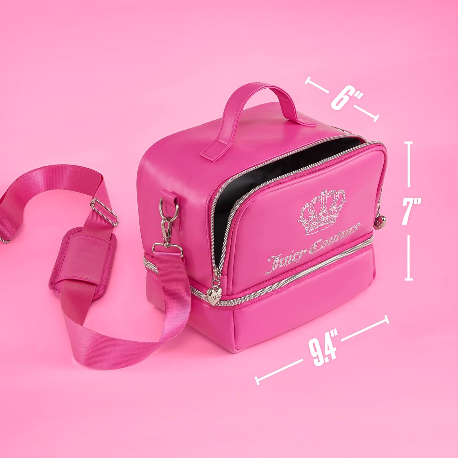Juicy Couture Double Zip Chill Lunch Tote Bag – Dual Compartment Insulated Cooler with Adjustable Strap, Hot Pink Pink Juicy Bling Crown Rhinestones - Women's Lunch Box Bag for Work, School, Travel - Image 2