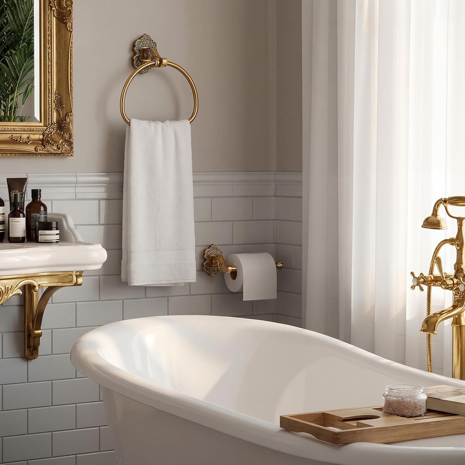 2 Pcs Antique Gold Toilet Paper Holder Towel Ring, Hand Towel Hanger Toilet Paper Roll Holder Wall Mount Retro Vintage Bathroom Hardware (Semicircle)