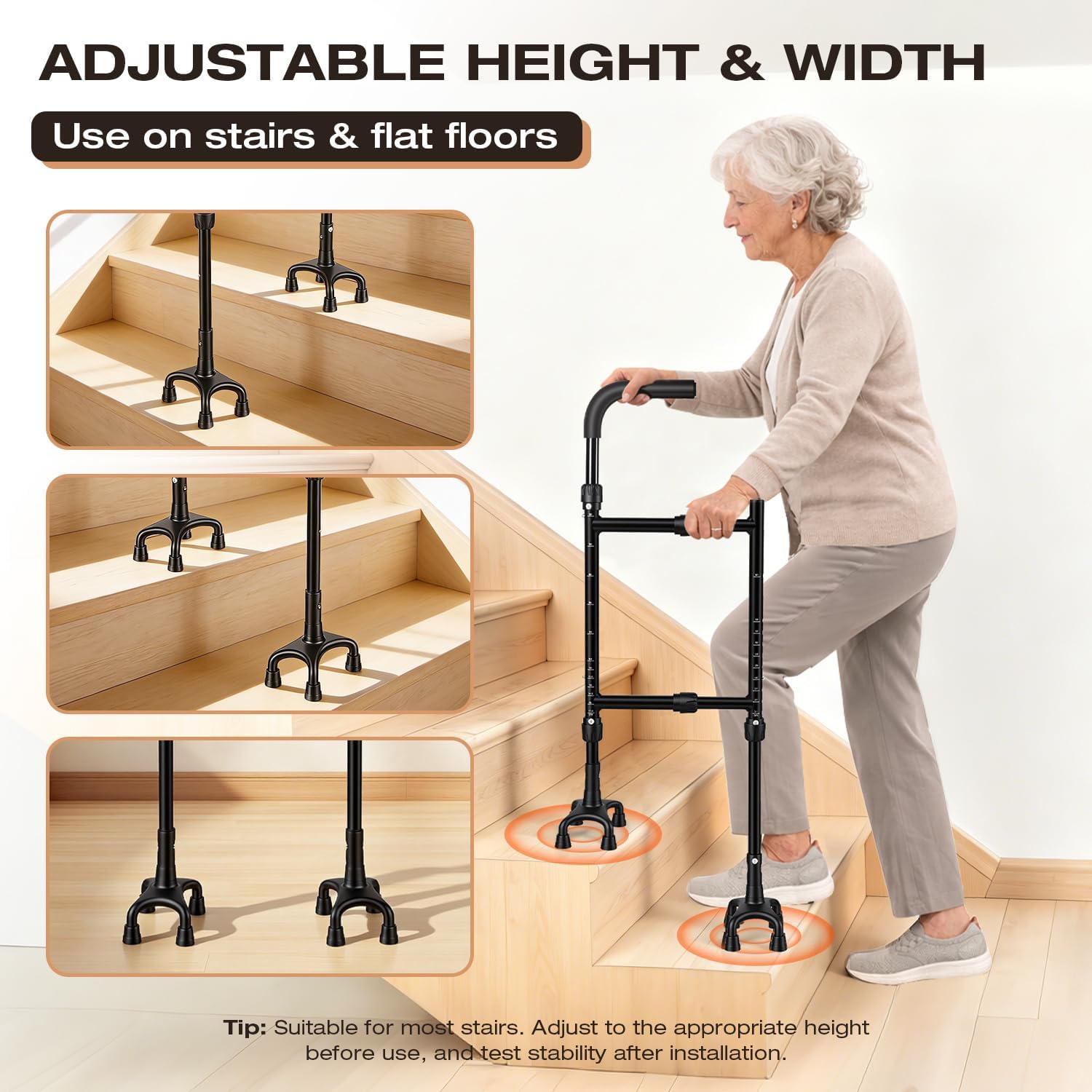 Stair Climbing Assist Cane for Seniors, Height & Width Adjustable Stair Cane, Sturdy Eight-Legged Support 330 LBS, Durable & Anti-Slip for Elderly, Sore Knees, Post-Surgery