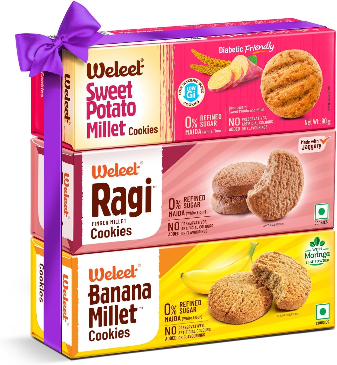 Weleet Assorted Pack Of Sweet Potato Millet, Ragi & Banana Unflavoured Cookies, | Home/Office Snack | Free Of White Sugar & White Flour | 100% Natural & Healthy(3 Flavours-270 Gm)