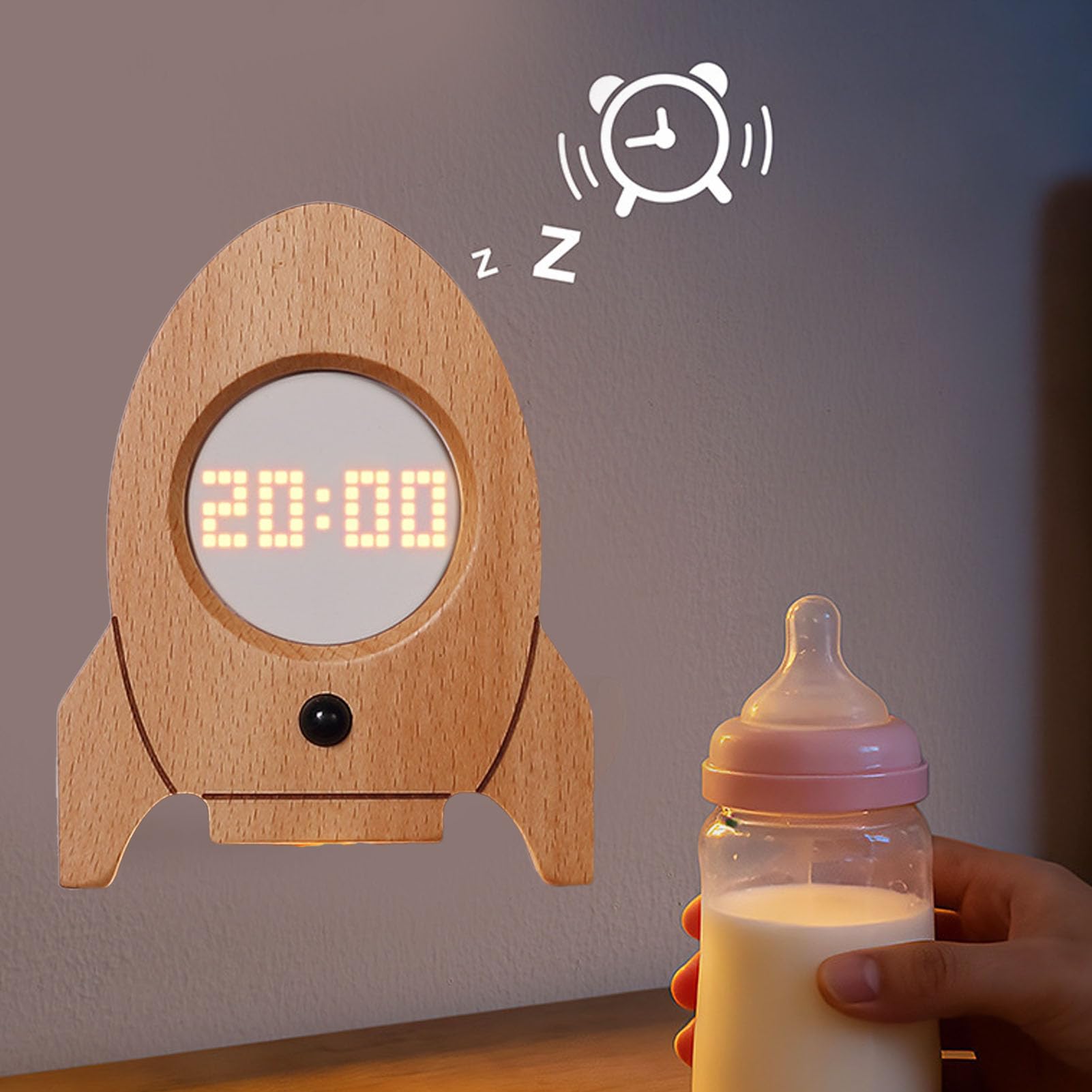 Veilleuse en Bois avec Capteur de Mouvement et Horloge, Pratique pour le Couloir, la Chambre à Coucher, Rechargeable, Blanc Chaud 3000K