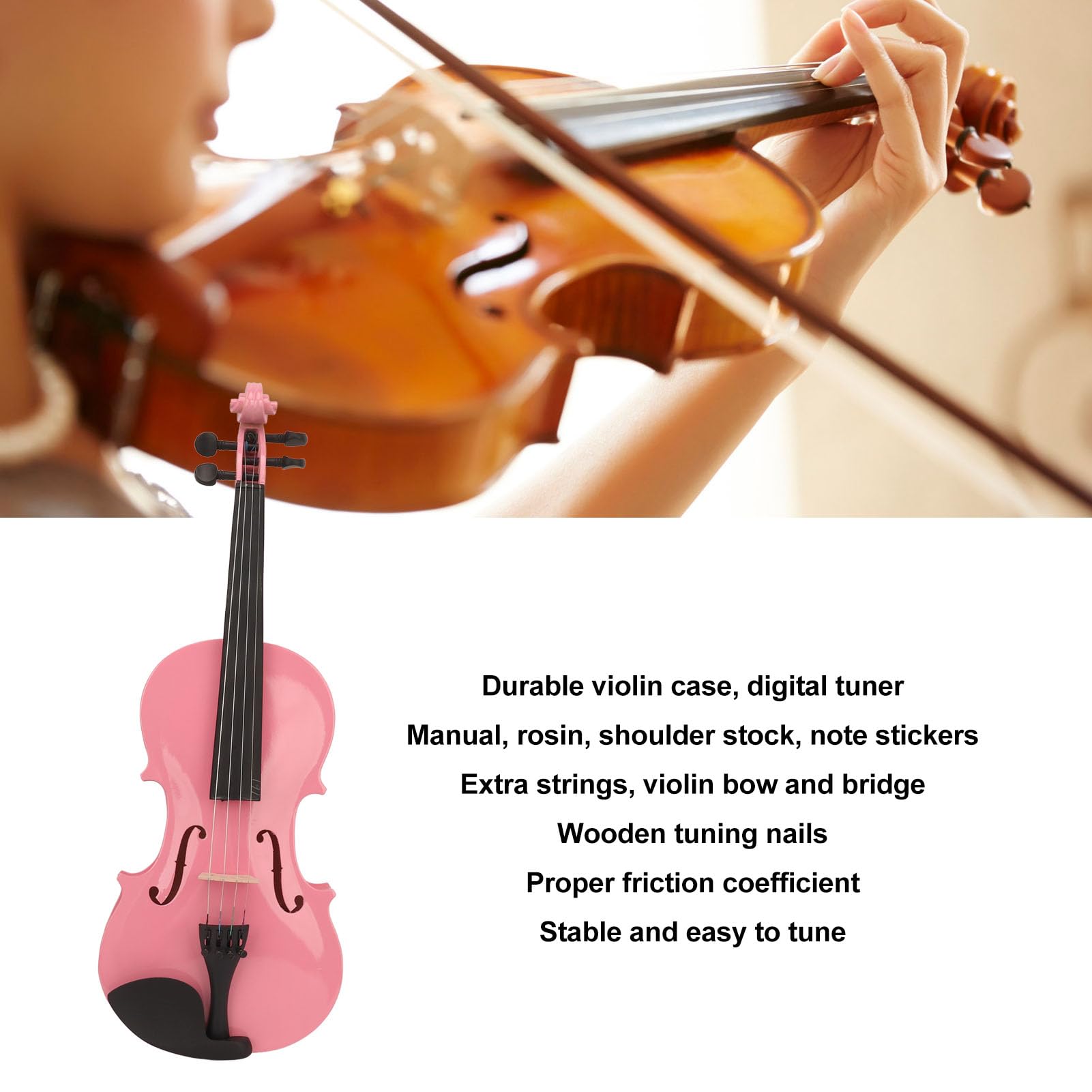 Asixxsix Violino Acustico 4/4, Violino in Legno Massello di Tiglio, Kit per Principianti Adulti, con Custodia Rigida, Archetto, Colofonia, Poggiaspalla, Accordatore, Corde di Ricambio, (PINK)