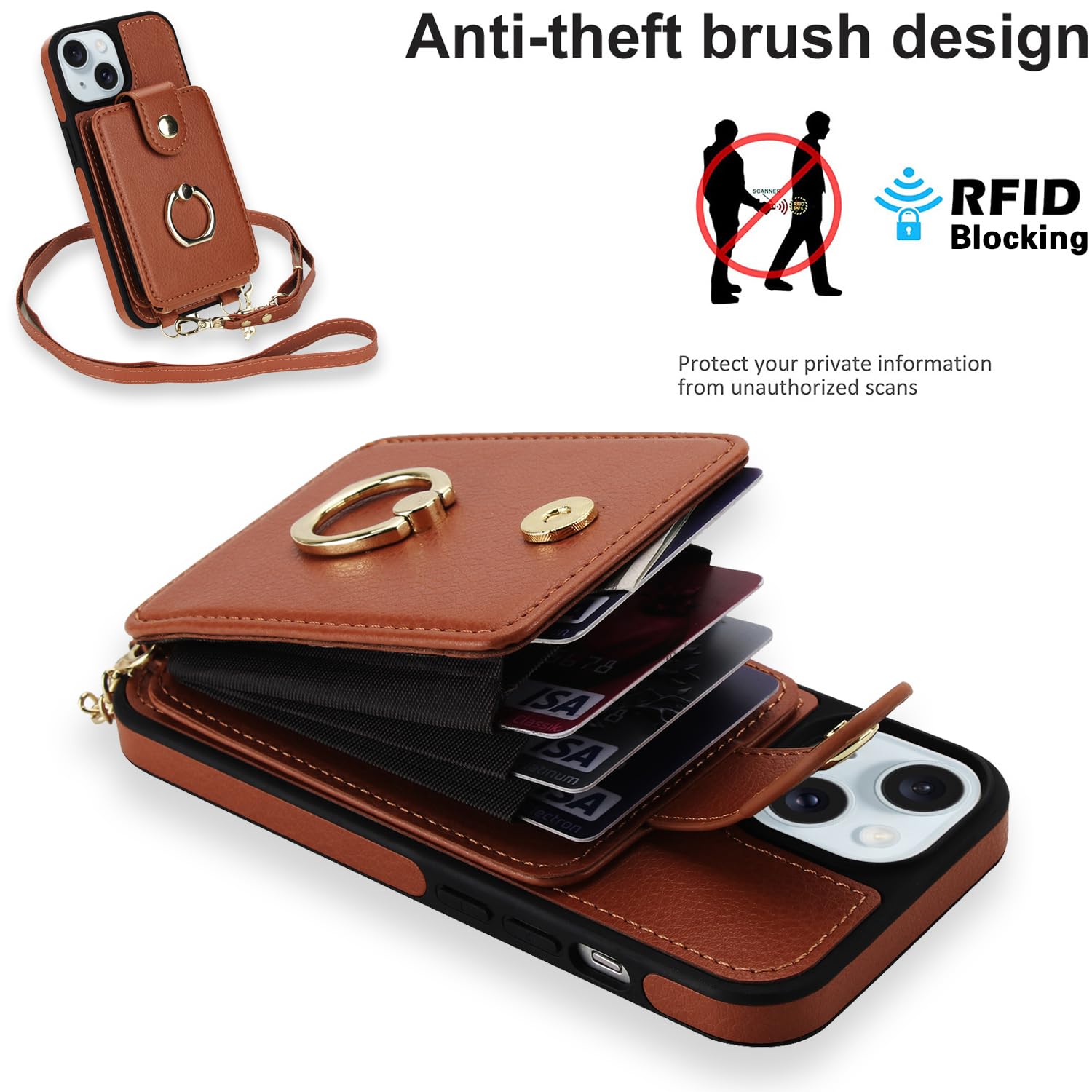 Custodia a portafoglio per iPhone 13/14 da 6,1 pollici, protezione dello schermo rimovibile, con anello, cavalletto a tracolla, compatibile con MagSafe RFID Blocking iPhone13 iPhone14, per donne e