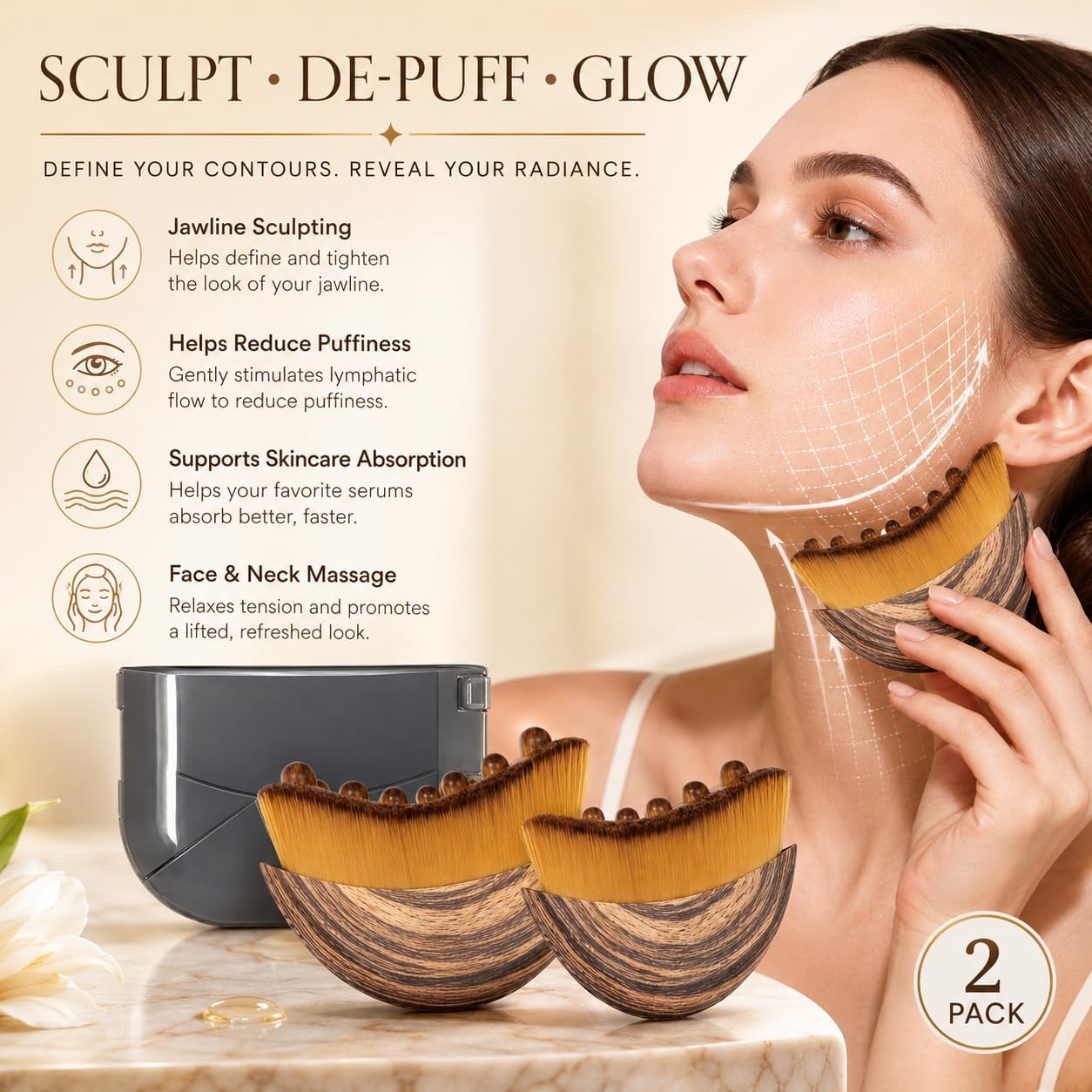 Lymphatic Contour Face Brush, 2 Pack | Lymphatic Drainage Tool, Facial Sculpting, Puffiness Reduction, Jawline Definition, Ergonomic Contour Massager