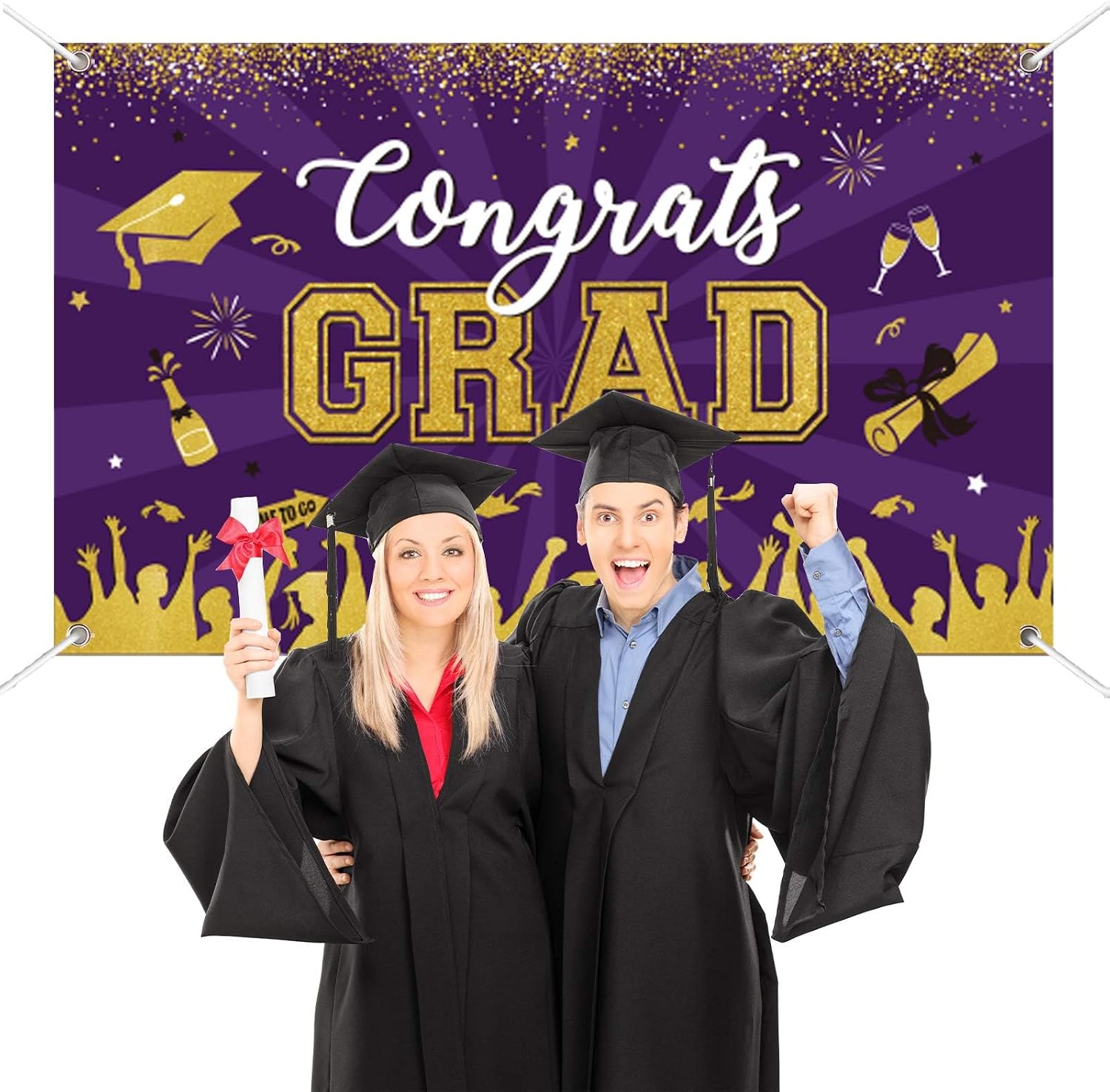Purple Gold Graduation Banner Backdrop Class of 2026 Graduation Party Decorations Supplies Congrats Grad Fabric Backdrop Background for High School College University Indoor Outdoor 71 x 43 in