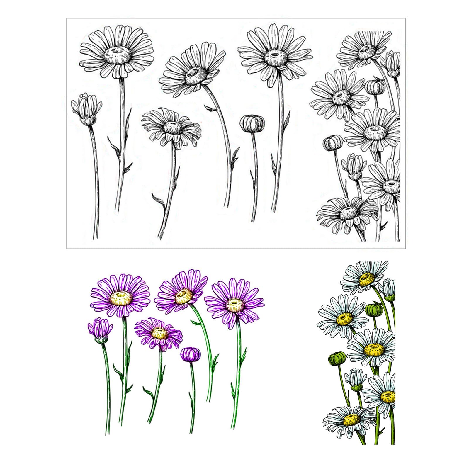 Arbuya Daisy Flowers Clear Stamps for Card Making or Journaling, Floral Rubber Stamps Floral Background Silicone Stamps for Crafts Scrapbooking Albums Decoration