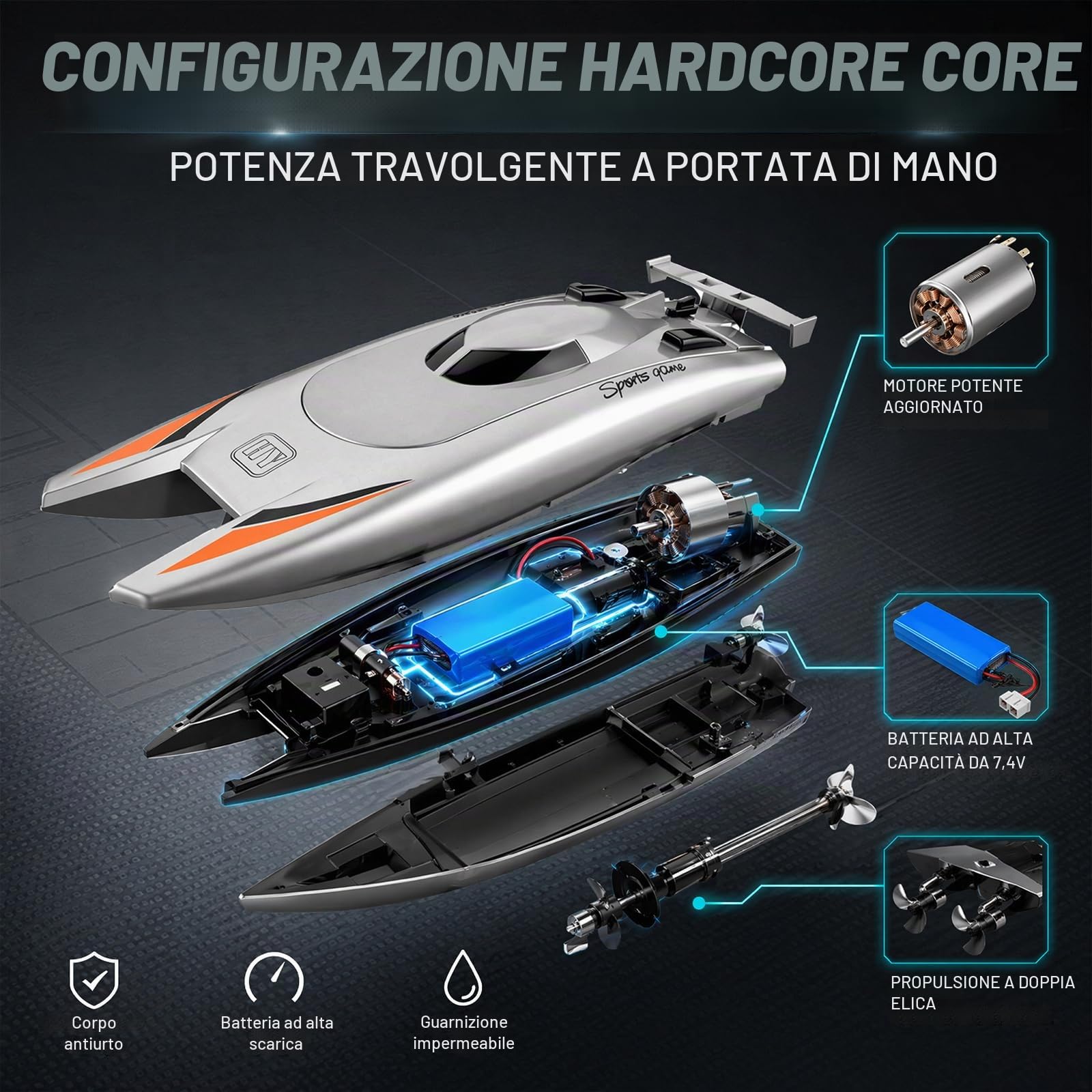 Barca telecomandata per bambini e adulti, barca da corsa ad alta velocità da 15 km/h, con doppio motore, barca da corsa ad alta velocità, 25 km/h, 2 canali per piscine o laghi (argento)