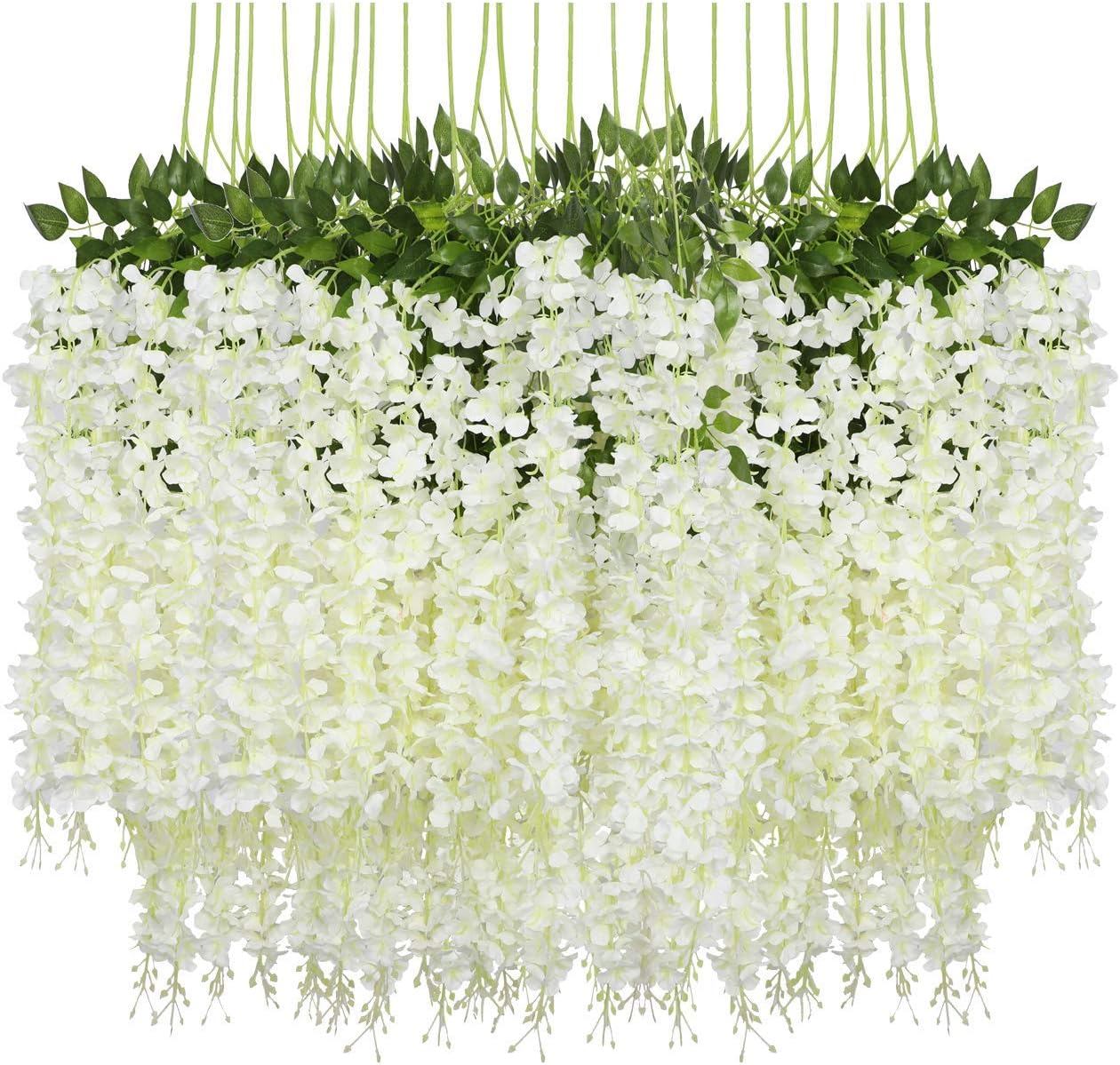 12 Pack Decoration Artificial Wisteria Vine Ratta Fake Flower Wisteria Hanging Garland Silk Long Hanging Bush Flowers String Home Party Wedding Décor Christmas and Diwali (White)