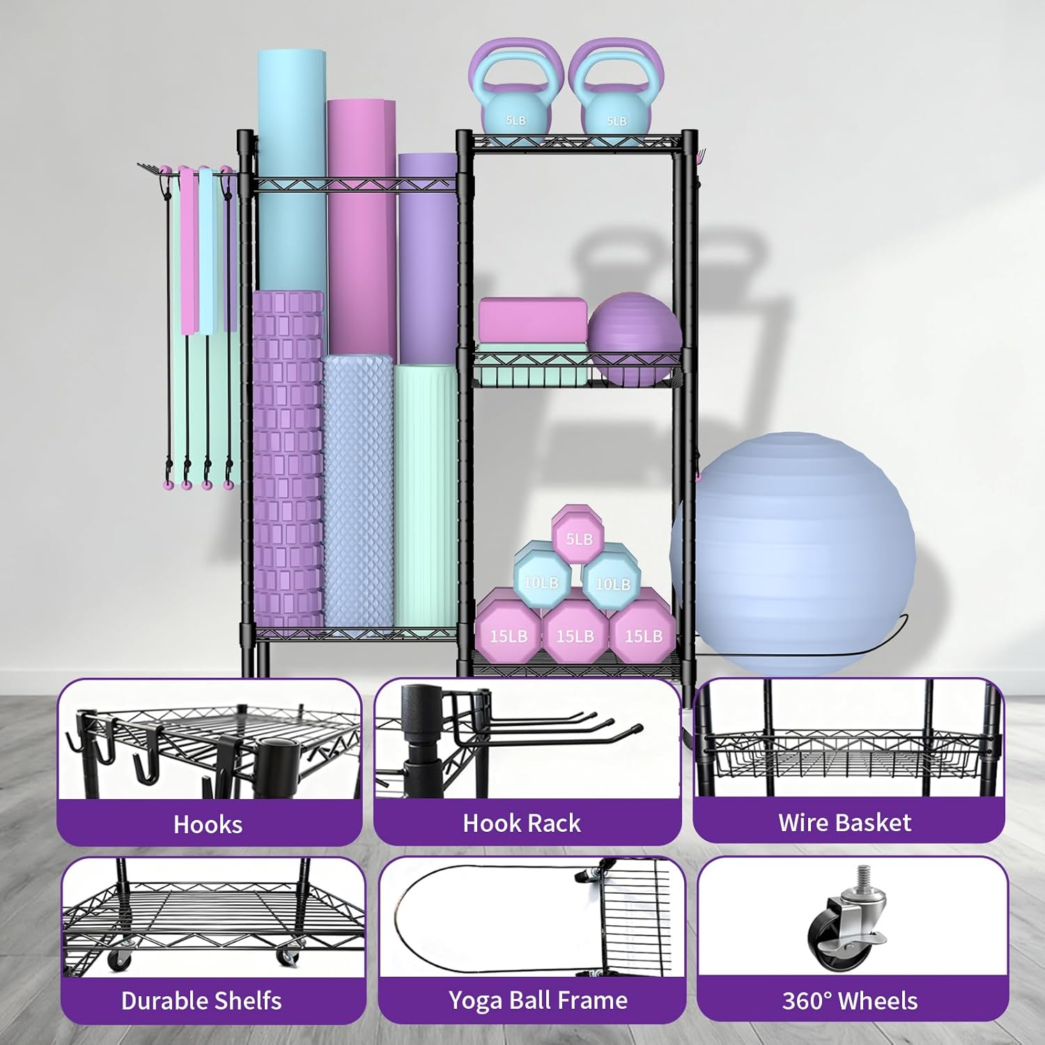 Dumbbell Rack, Home Gym Storage with Locking Wheels & 4 Hooks, 4 Tier Adjustable Workout Equipment Storage for Yoga Mat, Foam Roller, Dumbbell, Kettlebell, Fitness Ball and Resistance Band