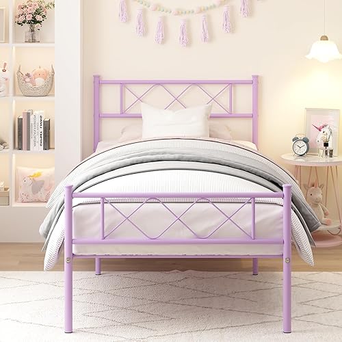 Miniatura 8 de Weehom Marco de cama individual con cabecero, plataforma de metal, marco de cama para niños, niñas, niños y adultos, no necesita somier, color negro