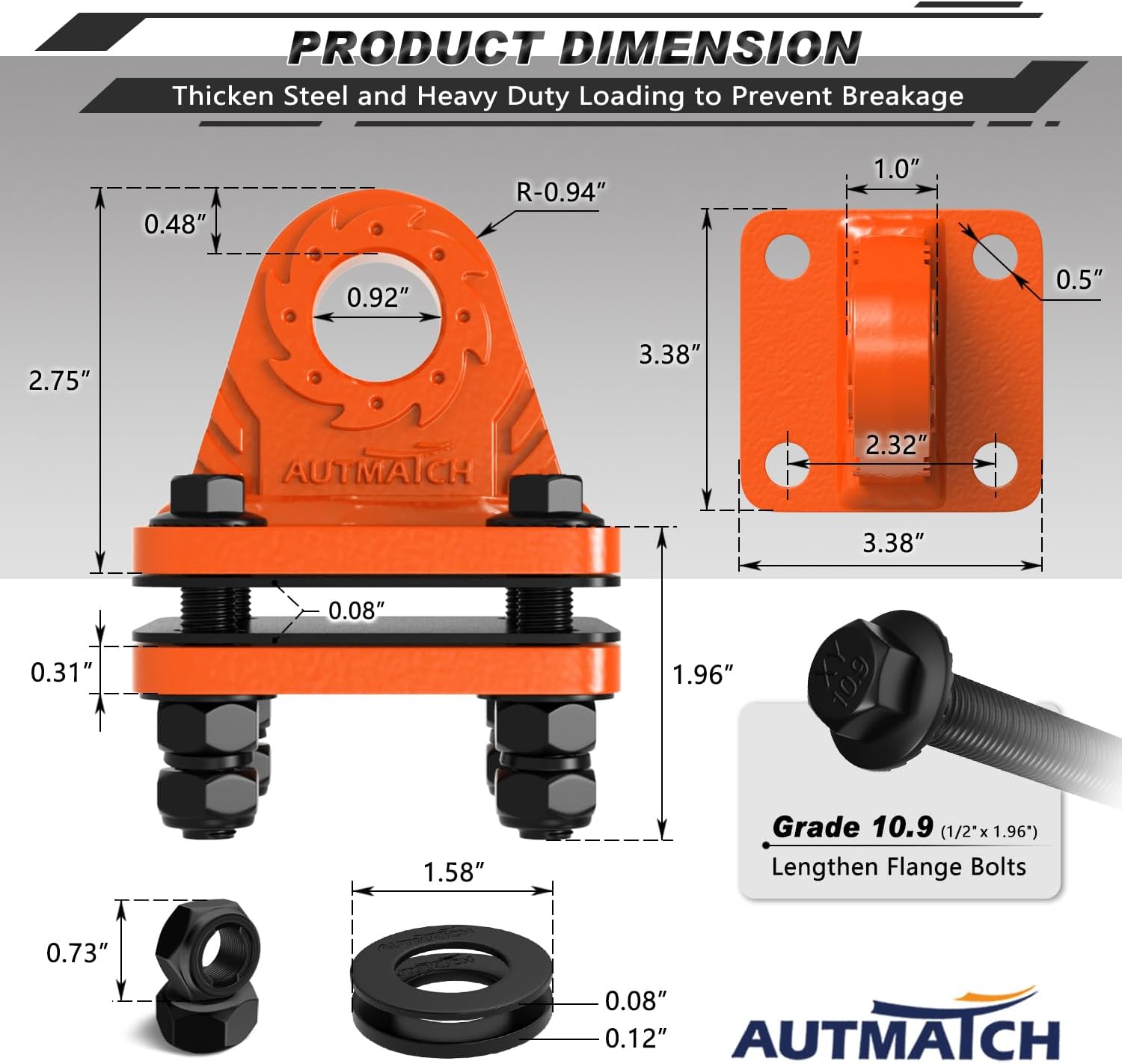 AUTMATCH Mega D Ring Shackles with Shackle Mount, Bolt On Clevis Mount Bumper Shackle Bracket, Use with Tow Strap, Winch, Off-Road Vehicle Recovery Truck, Orange