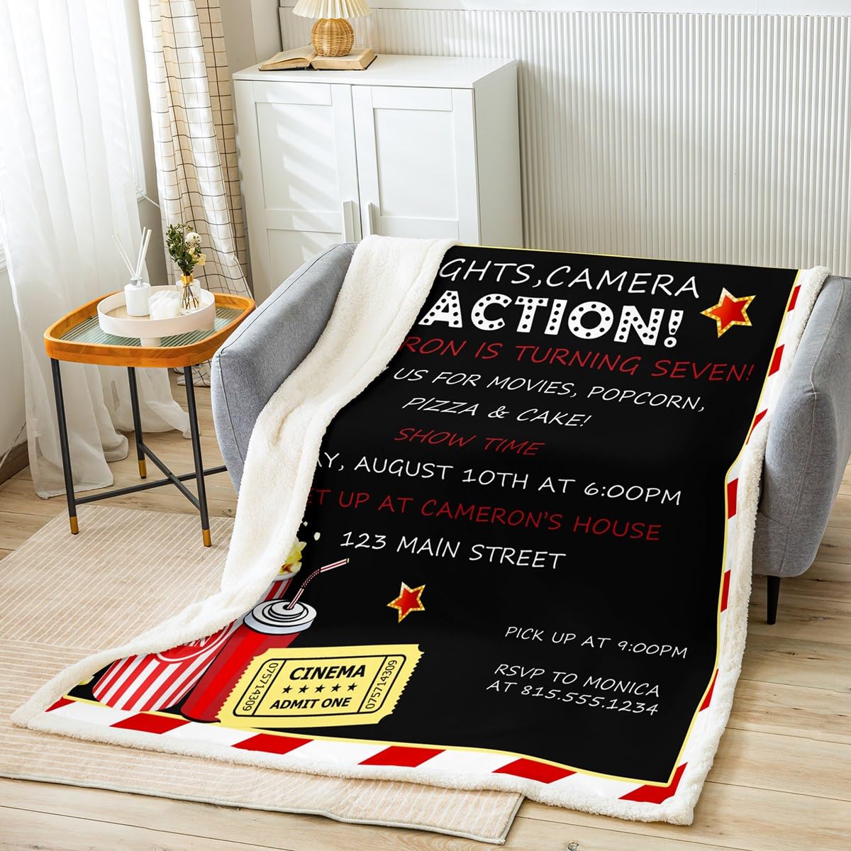 Homemissing Popcorn Sherpa Blanket Movie Theater Decor Fleece Throw Blanket for Kids Boys Girls Decor Movie Night Plush Blanket Microfiber Movie Ticket Fuzzy Blanket Bedroom Queen 90x90 Inch — image 1