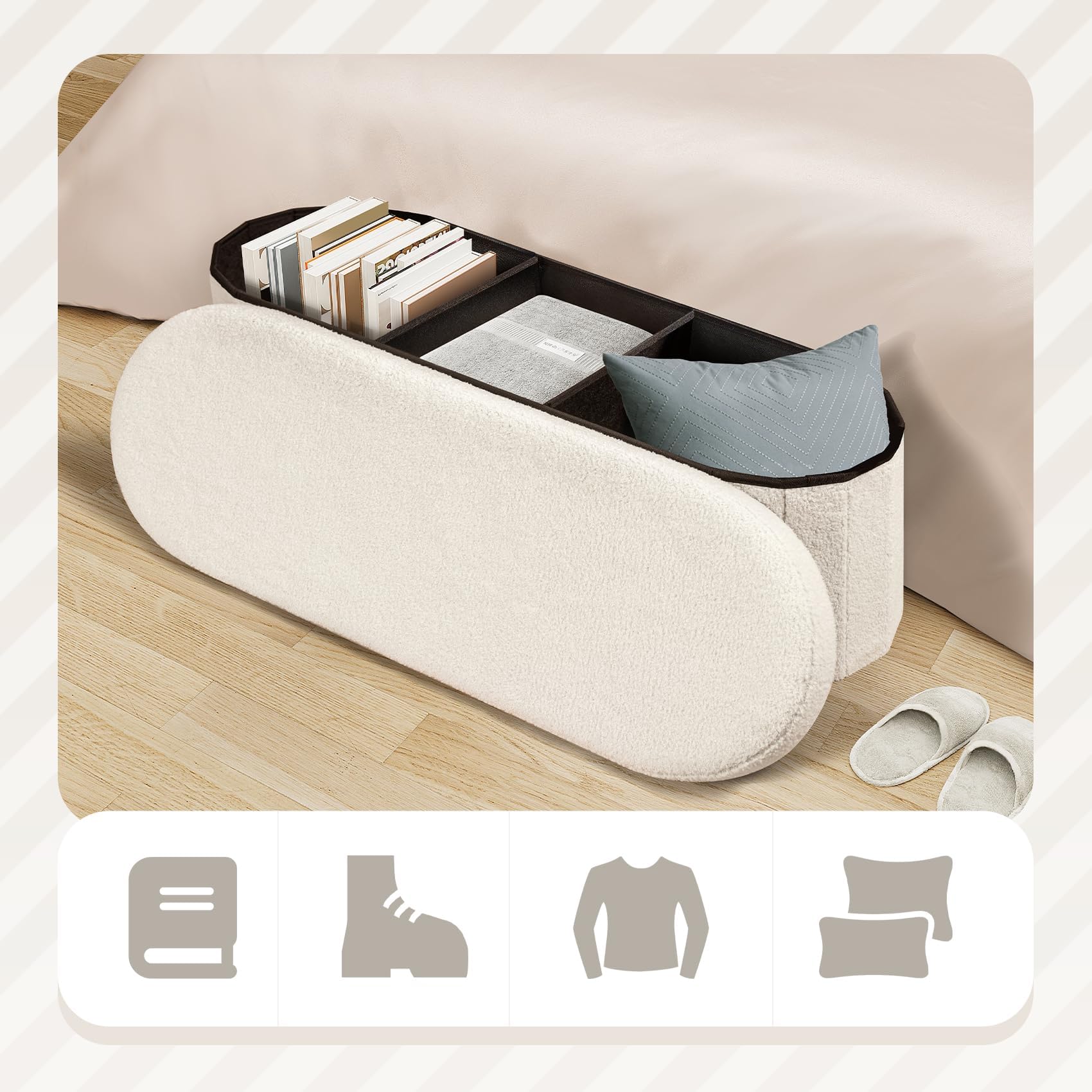 PINPLUS Sitzbank mit Stauraum, Ovales Design, 110x38x38cm, Cremeweiß