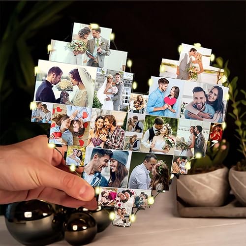 Miniatura 10 de Marcos de fotos de corazón con collage de 15 fotos personalizadas para colgar en la pared con luz LED, collage de múltiples marcos de fotos para