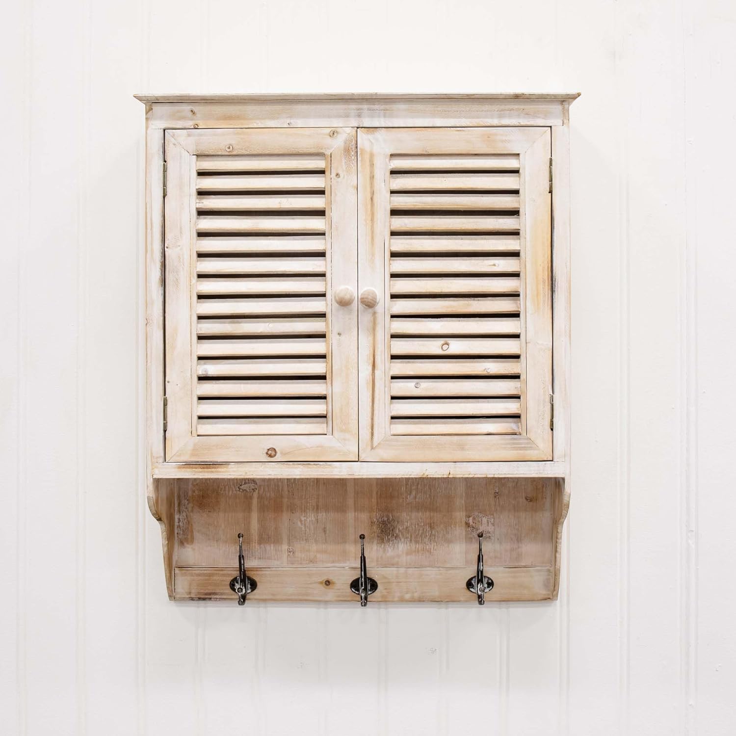 Nearly Natural 32in. White Washed Wall Cabinet with Hooks