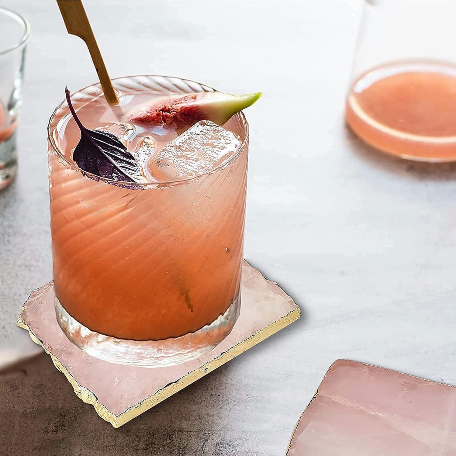 Yougoals Rose Quartz Irregular Coaster Set of 4, 3.5-4" Pink Agate Coasters with Displaying Stand,Natural Stone Crystal Coasters with Gold Rim,Irregular Shaped for Home Decor