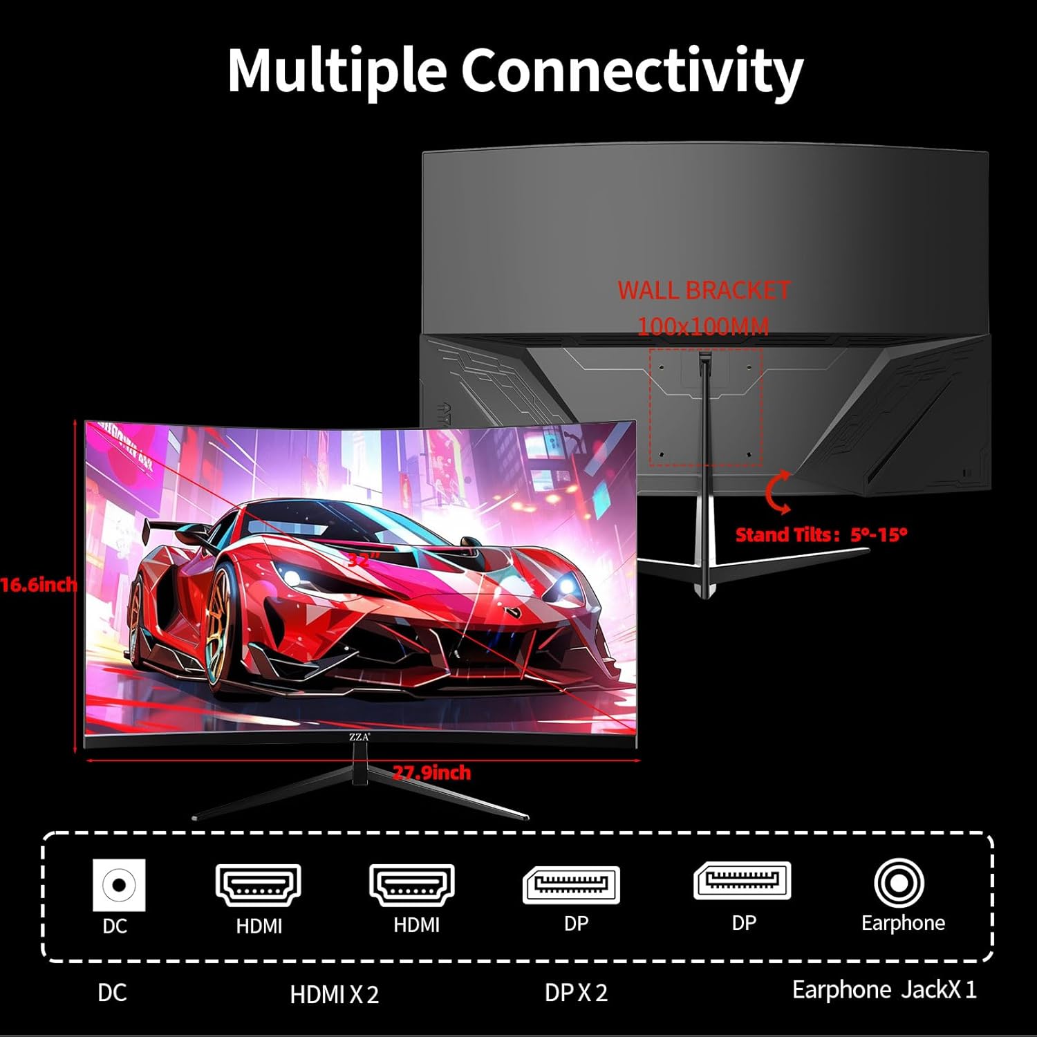 ZZA 32 Inch Curved Gaming Monitor 165Hz, QHD 2560x1440 PC Monitor HDMI DP1.4, 1500R VA Display, 1ms MPRT, HDR, Metal Stand, VESA Compatible (DP Cable Incl.)