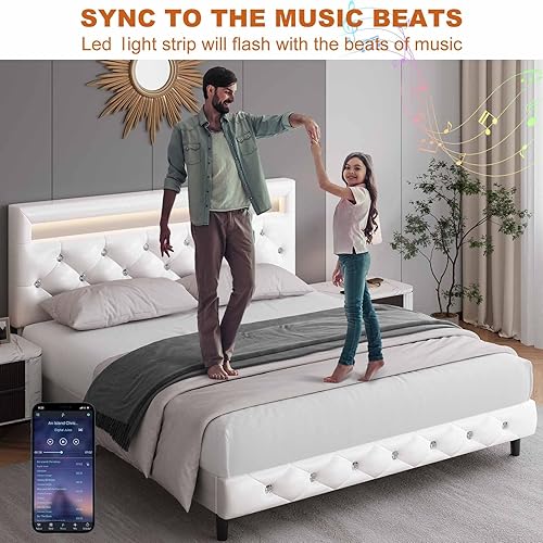 Miniatura 14 de Keyluv Moderno marco de cama Queen tapizado con luces LED, base de cama de piel sintética de bajo perfil, cabecera capitoné ajustable con botones de