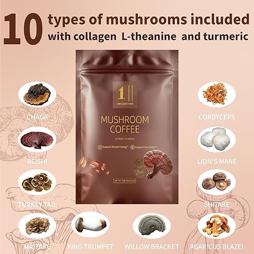 Miniatura 3 de Café de hongos (30 porciones) Kit de inicio de café de tostado medio, 10 hongos adaptogénicos con colágeno alimentado con hierba, chaga, cordyceps,