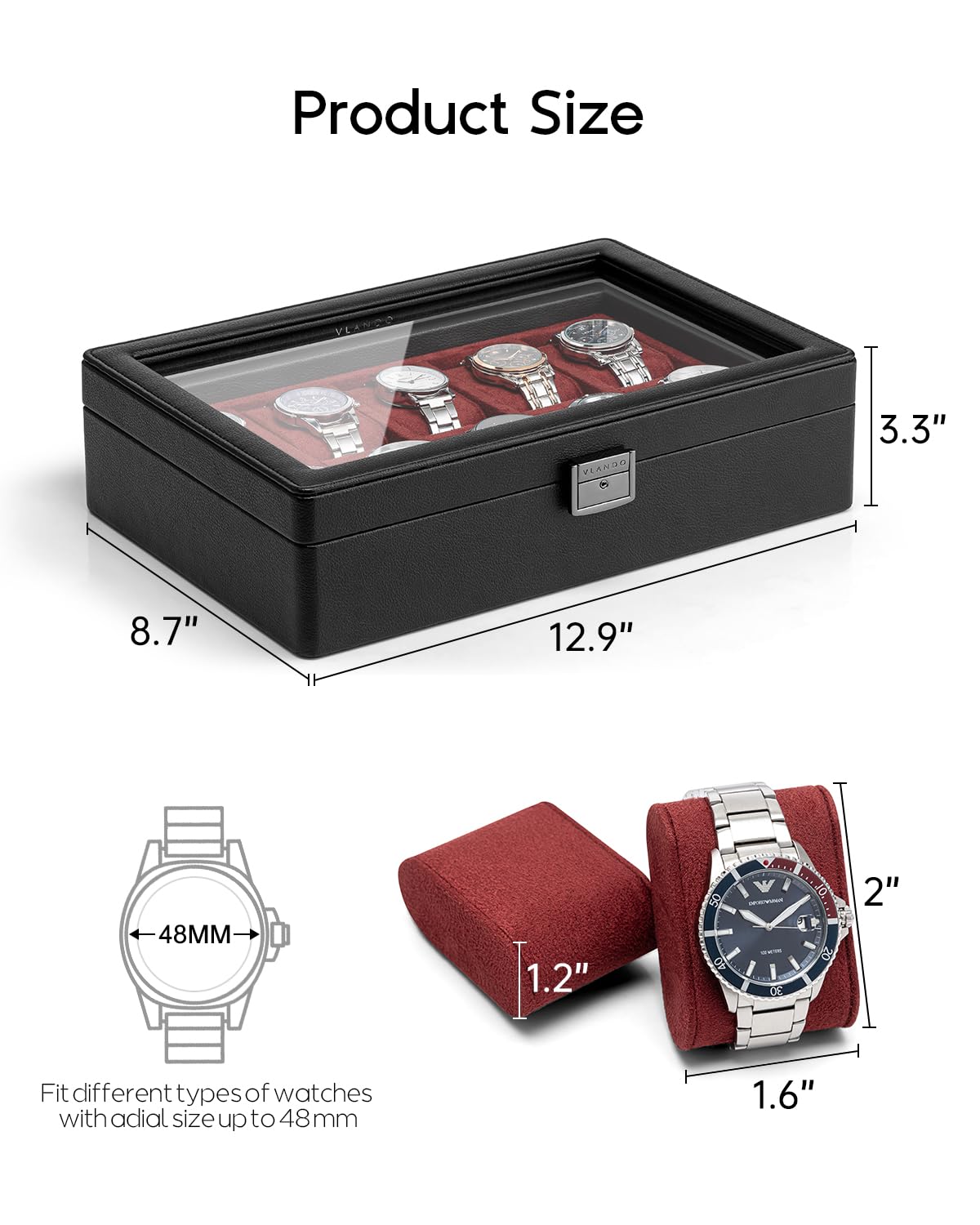 Vlando Caja de reloj de 10 ranuras para hombre, caja de reloj con tapa de cristal grande, bloqueable, cuero texturizado de negocios, almohada suave grande de 52 mm, regalo para padres, marido, amigo,