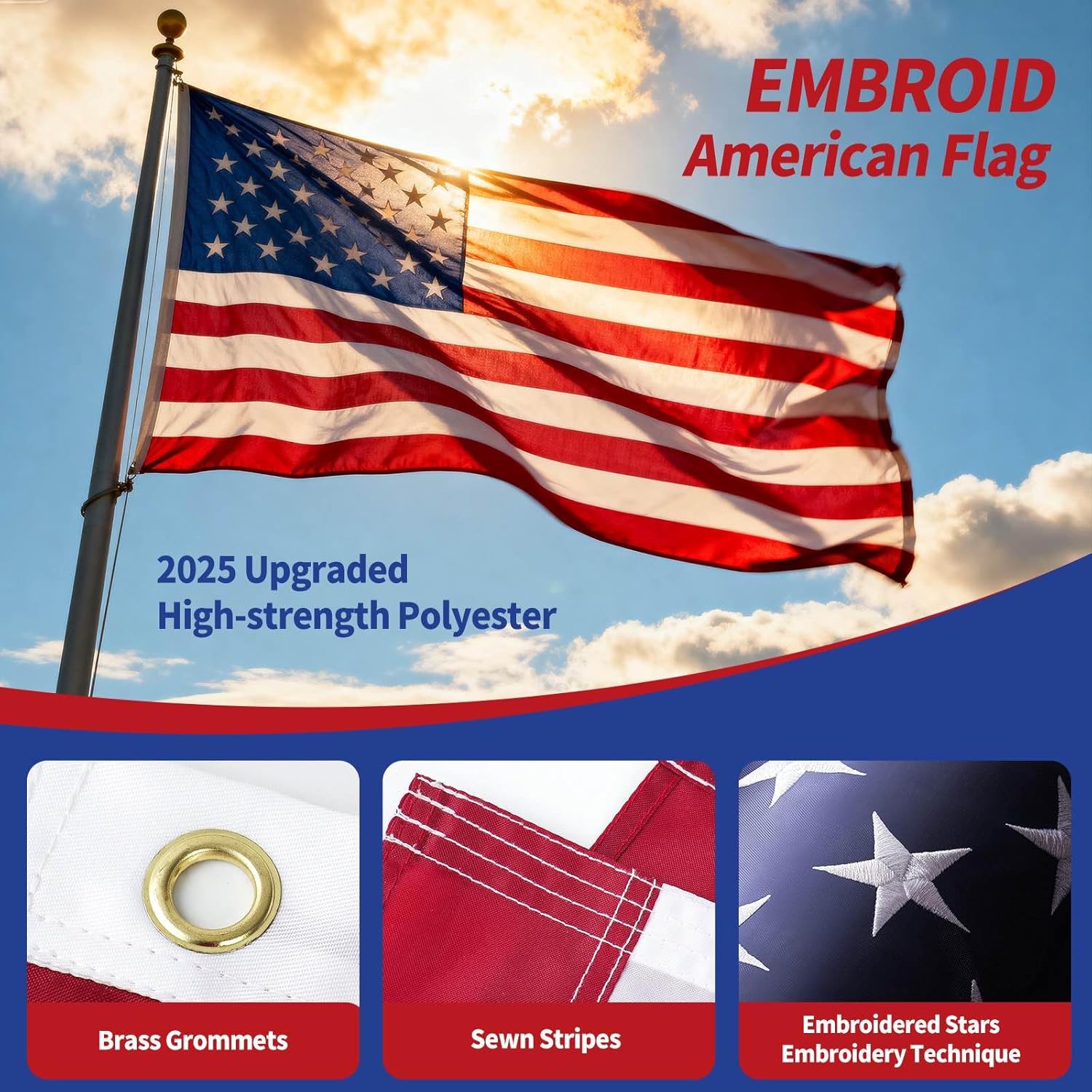 American Flag 8x12,USA US Flag Heavy Duty Outdoor,Embroidered Stars,Tear Resistant,Sewn Stripes,Brass Grommets,Upgraded High-Strength Polyester Fabric. - Image 2
