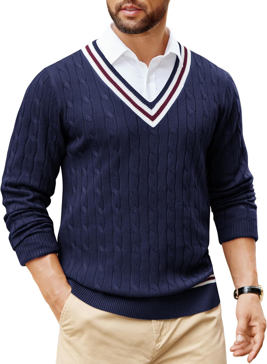 COOFANDY Mens V Neck Sweater Long Sleeve Cable Knit Sweater Fall Winter Pullover Slim Fit Stretchy Fabric Preppy Style