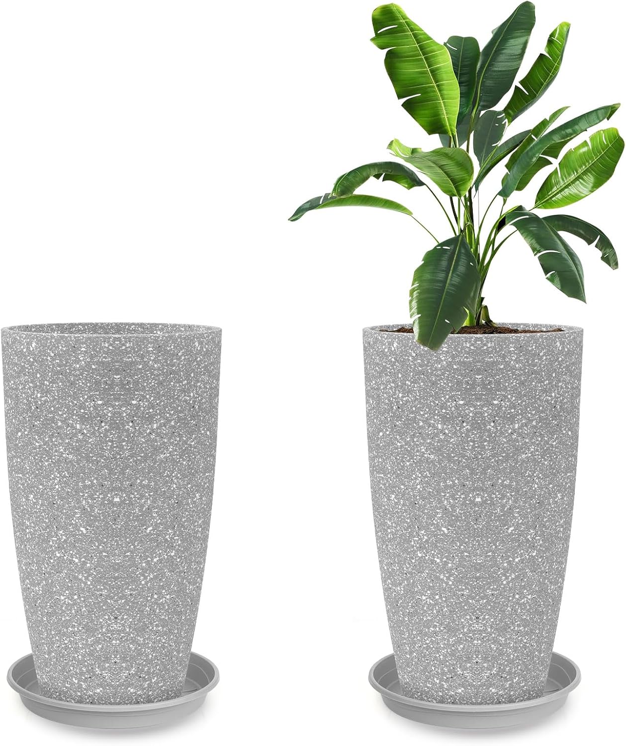 GameXcel Tall Flower Pot Indoor - Outdoor Plant Pot - Gray Rough Planter - Elegant Stone Imitation - 12" Diameter 21" Tall with Drainage Holes and Saucer 2 Pack