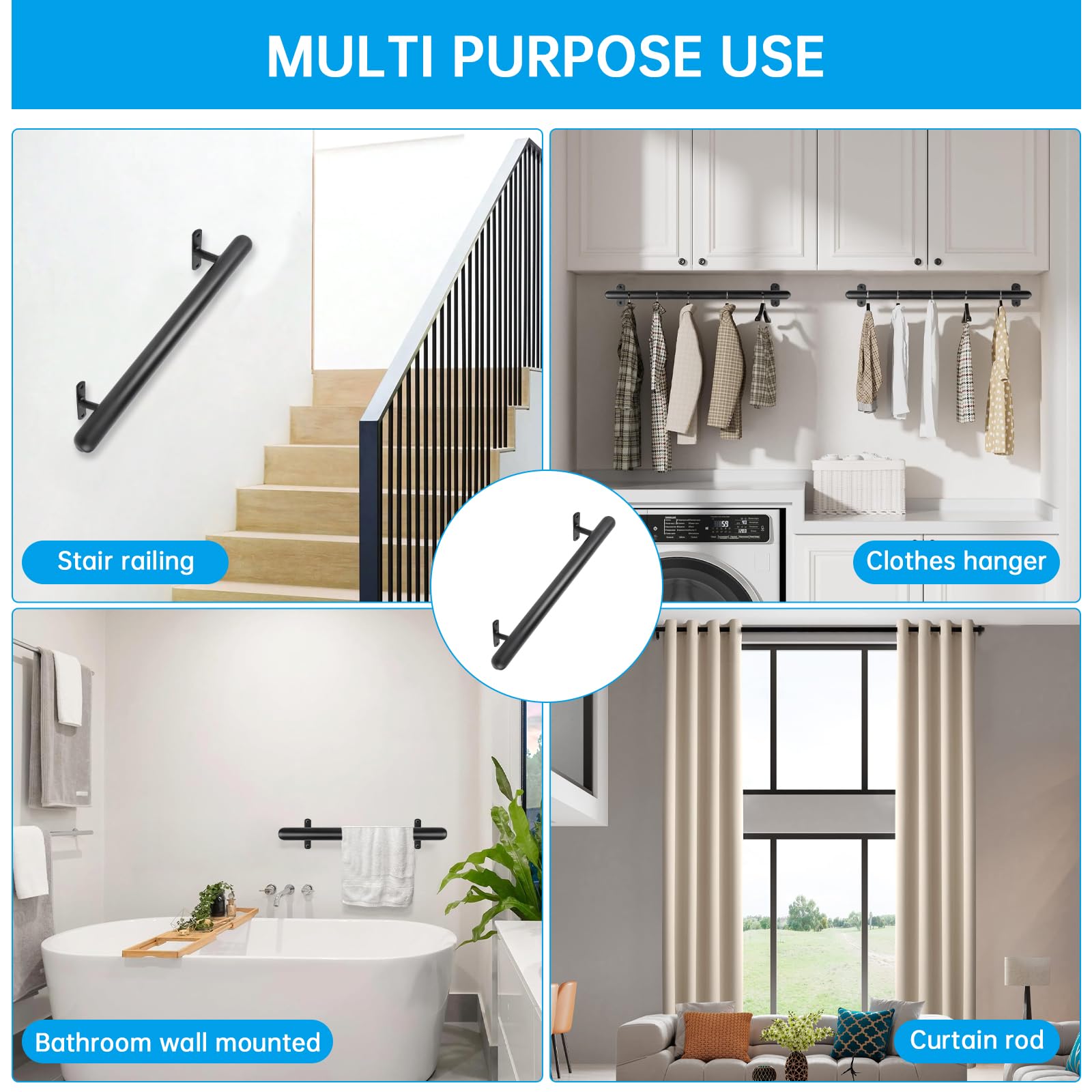 Pasamanos negro con recubrimiento en polvo 41cm Barandilla metálica para interior/exterior Ø32mm – Asidero de seguridad para garaje, sótano, terraza, escaleras, barandillas – Interior/exterior