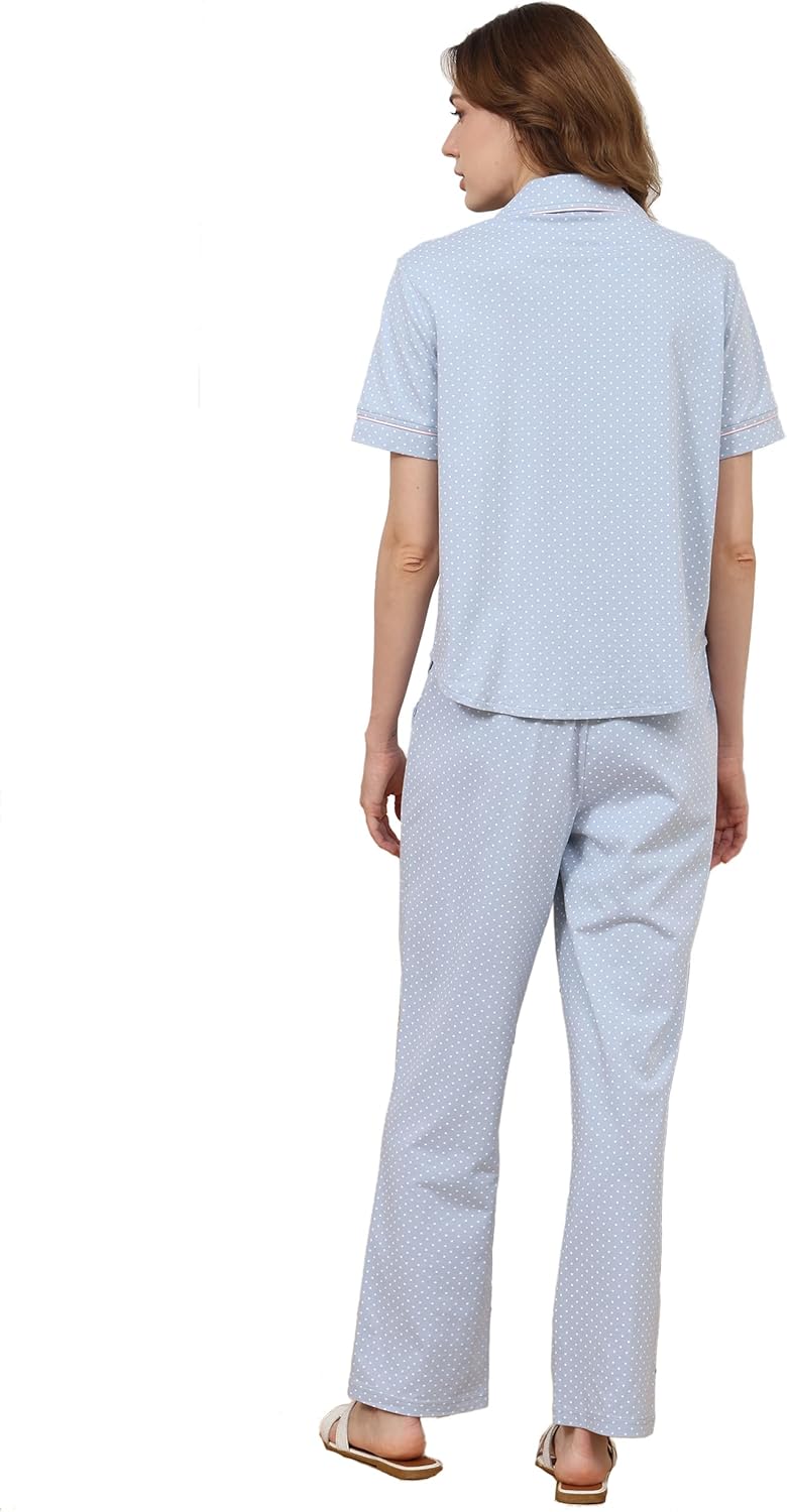 Womens 100 Cotton Pajama Sets 2 Piece Notch Collar Short Sleeve Lounge Set Soft Sleepwear, Chest Pocket - Image 2