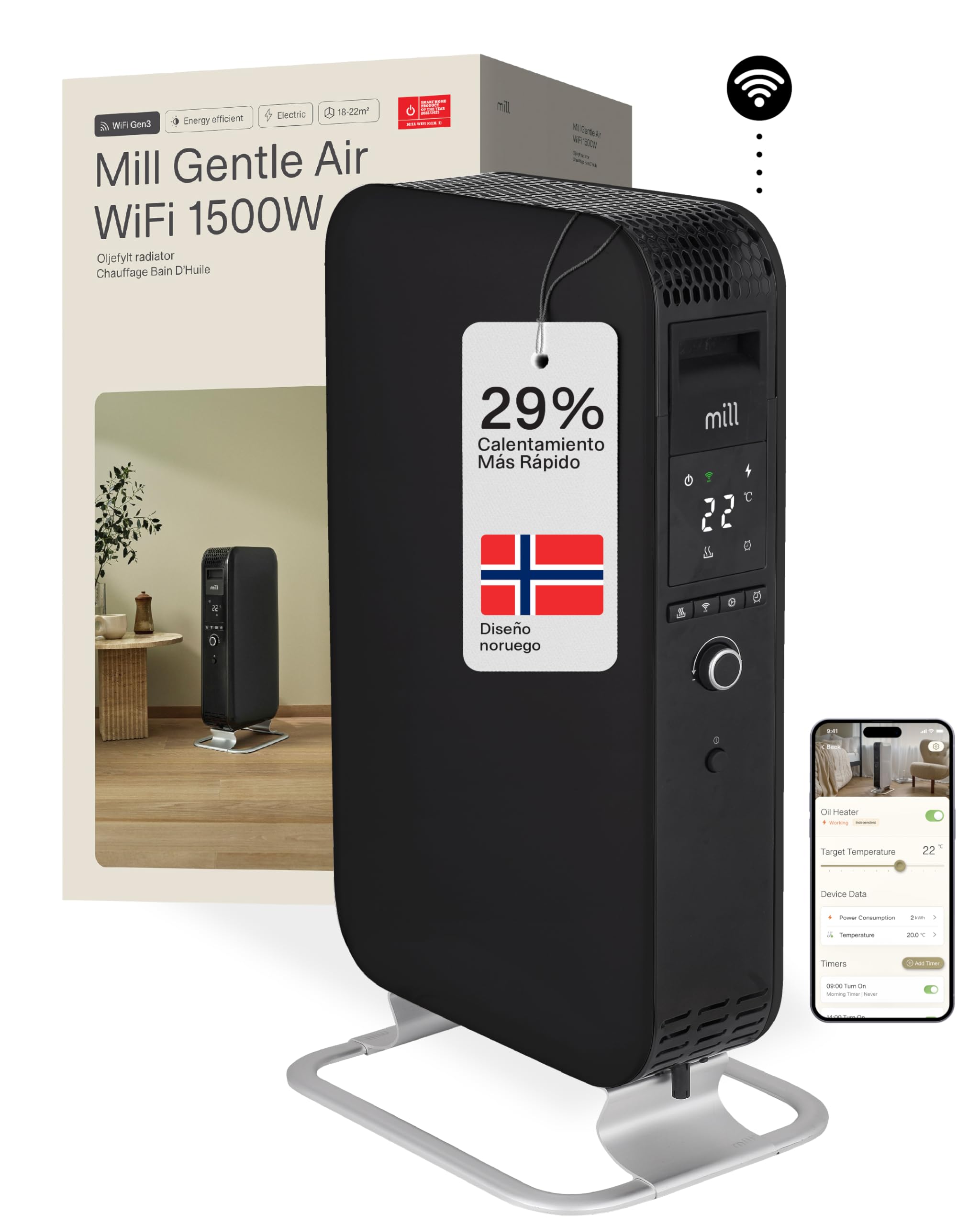 MILL Radiador de Aceite 1500 W WiFi, Calefactor Eléctrico Inteligente con App para 18–22 m², Radiador Eléctrico de Bajo Consumo Diseñado en Noruega, Silencioso y Seguro, Radiador de Pie, Negro