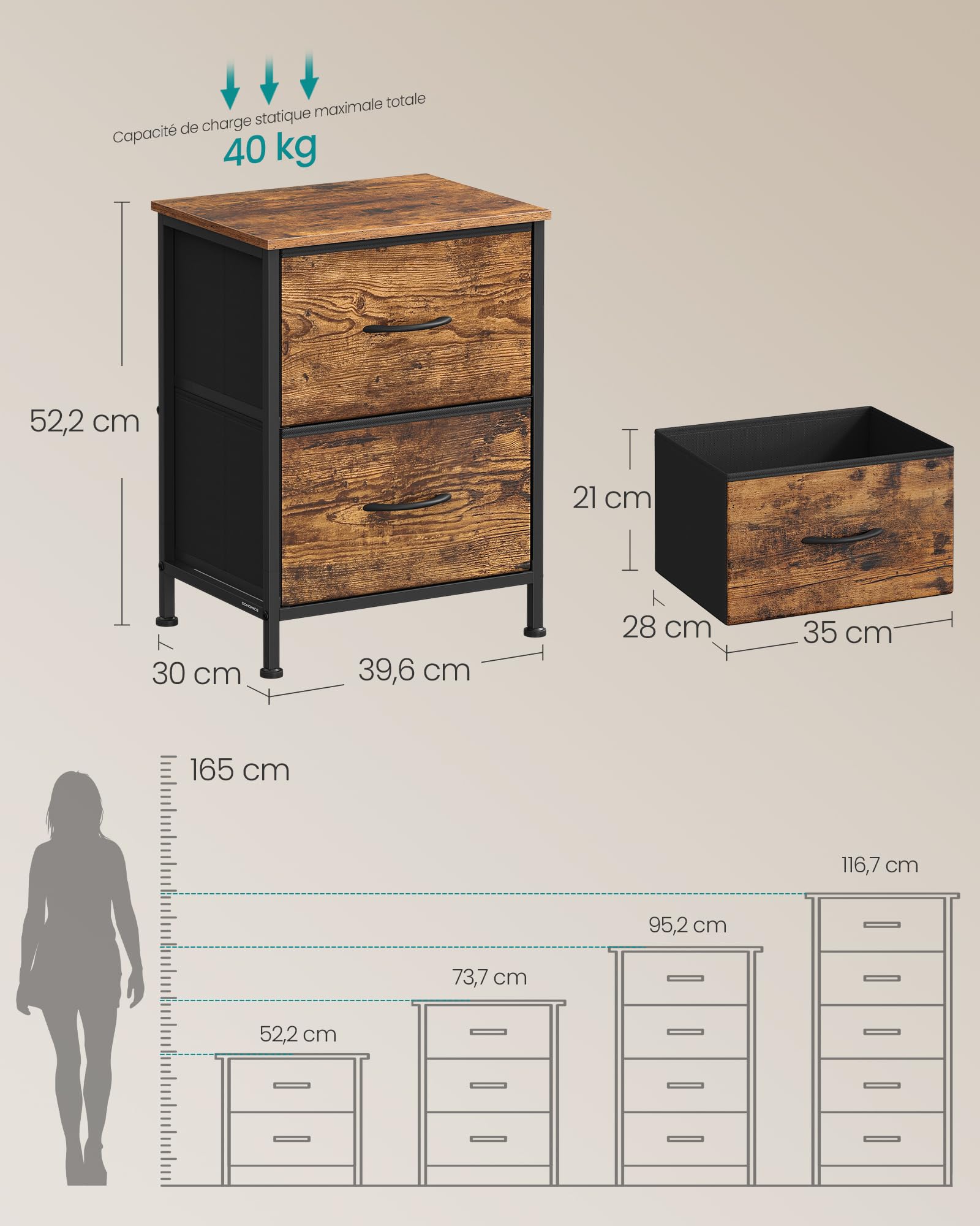 SONGMICS BELLAH Collection - Table de Chevet avec 2 Tiroirs, Table d’Appoint, pour Chambre, Cadre en Acier, Style Industriel, Marron Rustique et Noir d’Encre LGS312BH04