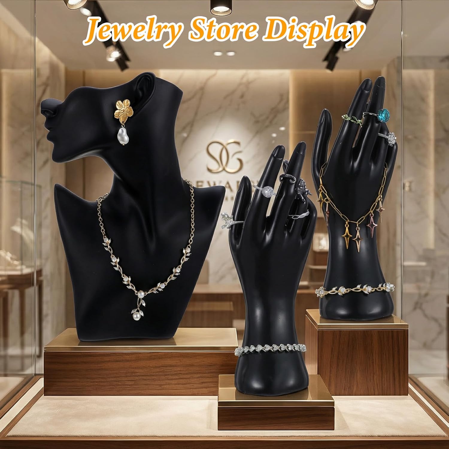 3 Pcs Jewelry Mannequin Display Set - Black PVC Bust Holder with 2 Hand Displays for Necklace, Earring, Bracelet & Ring Showcase - Elegant Jewelry Display Mannequins for Boutique & Photography