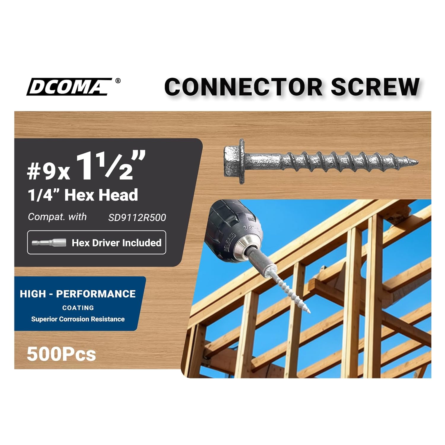 Connector Screws, #9 x 1-1/2" Heavy-Duty Joist Hanger Screws, 1/4" Hex Head with 0.370"-Dia, Replace 9112R500 10D Nails, Prem-Galvanized, Corrosion-Resistant and Wear-Resistant. (500-Qty)