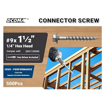 Connector Screws, #9 x 1-1/2 Heavy-Duty Joist Hanger Screws, 1/4 Hex Head with 0.370-Dia, Replace 9112R500 10D Nails, Prem-Galvanized, Corrosion-Resistant and Wear-Resistant. (500-Qty)