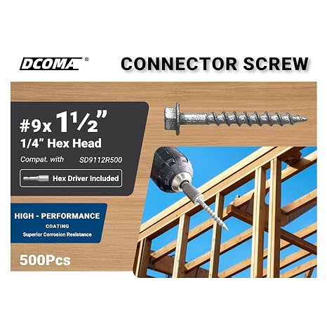 Connector Screws, #9 x 1-1/2 Heavy-Duty Joist Hanger Screws, 1/4 Hex Head with 0.370-Dia, Replace 9112R500 10D Nails, Prem-Galvanized, Corrosion-Resistant and Wear-Resistant. (500-Qty)