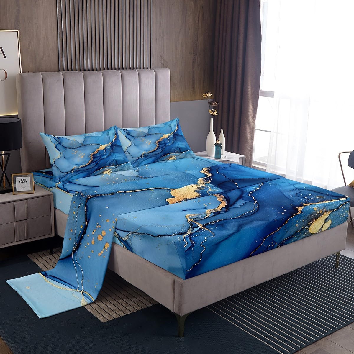 Manfei Red Marble Sheet Set Full Size, Luxurious Red Gold Marbling Bed Sheet Set 4pcs with Deep Pocket Fitted Sheet + Flat Sheet + 2 Pillowcases, Abstract Stone Texture Bedding Set for Kids Boy Girls