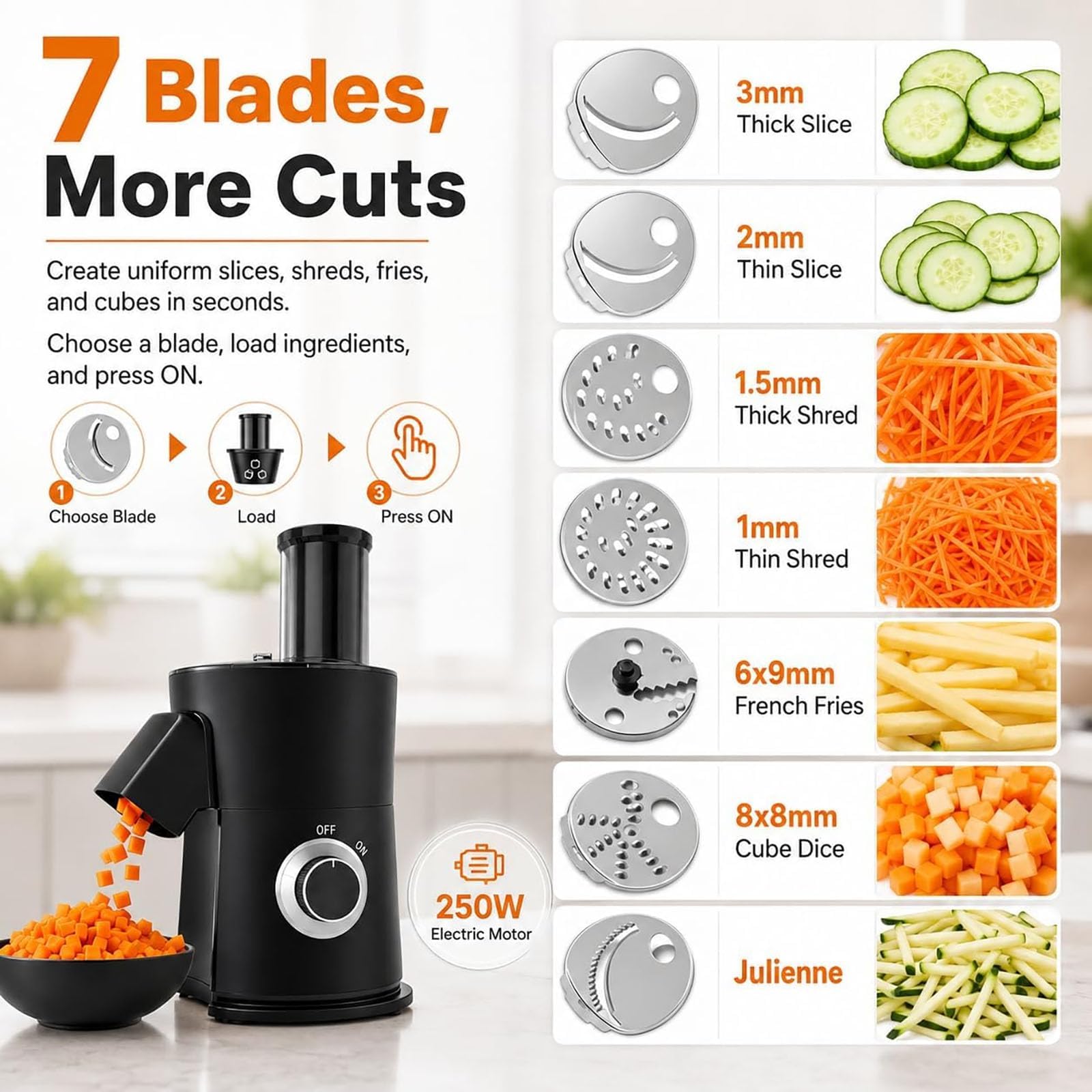 Picador eléctrico de verduras 7 en 1, cortador de 250 W, cortador y