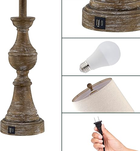 Miniatura 3 de Juego de 2 lámparas de mesa vintage de granja de 28.7 pulgadas con puertos de carga USB Daul QC3.0, lámpara táctil regulable de 3 vías para mesa