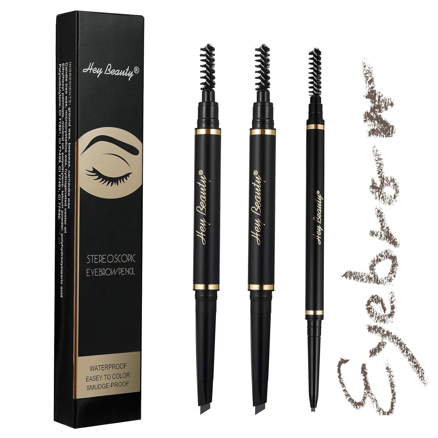 HeyBeauty 3 Packs Waterproof Eyebrow Pencil , 2 x Fill Brow Pencil and 1 x Define Pencil with Spoolie Brush, Automatic Smudge-proof Eye Brow color（2# Red brown） : Beauty & Personal Care