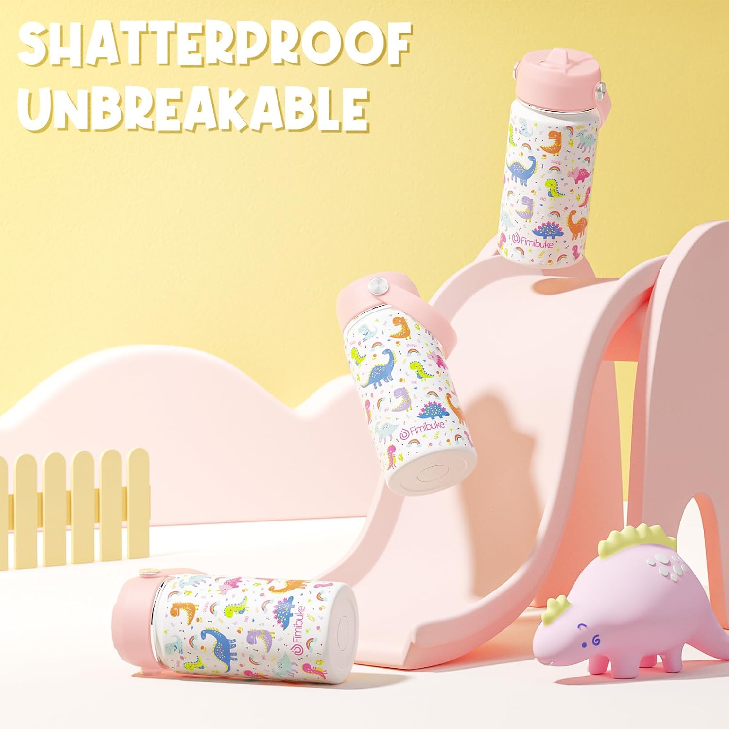 Fimibuke Kids Insulated Water Bottle, 14oz BPA FREE Double Wall Vacuum Tumbler 18/8 Stainless Steel Leak Proof Kids Cups with Straw Metal Bottle for School Boy Girl (2 Pack, UNICORN/WHITE DINOSAUR) - Image 5