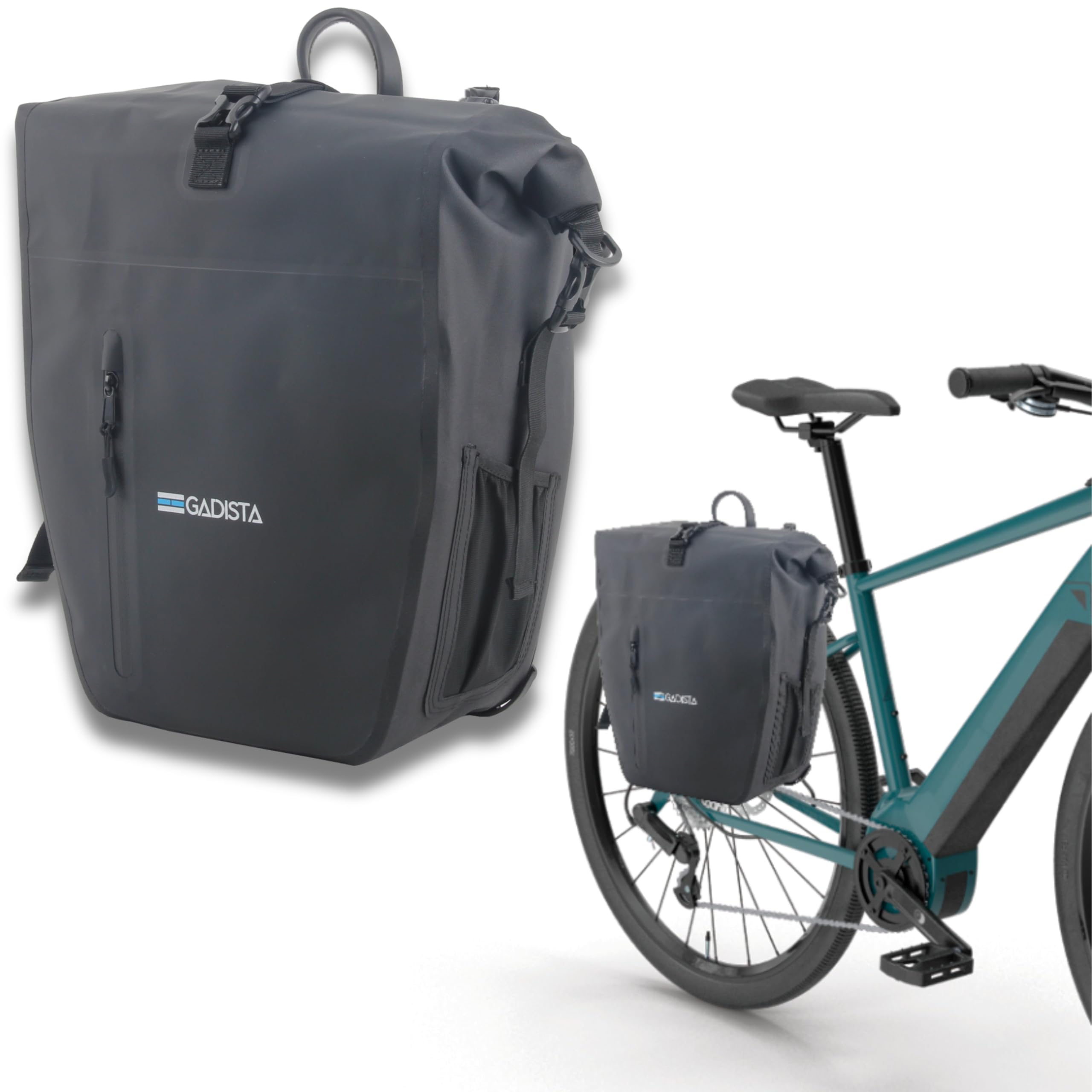 GADISTA Sacoche Vélo Porte-Bagage 2-en-1 Étanche 25 L Bandoulière | Coloris noir, matière TPU étanche, compartiment ordinateur jusqu’à 17 pouces et éléments réfléchissants