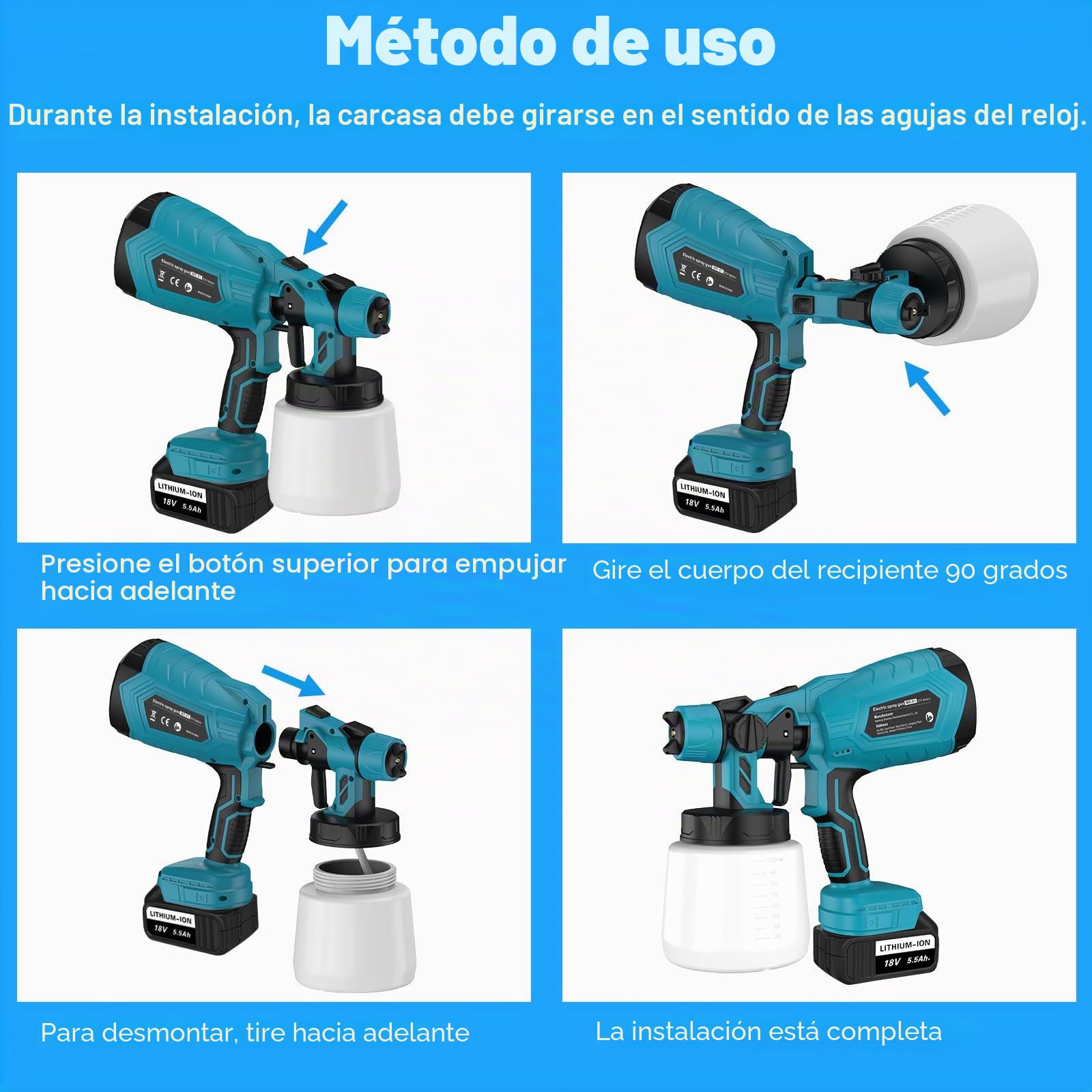 Pistola de Pintura Eléctrica con 2 x 5500mAh Batería, ASUNCELL Pistolas para Pinturas de Flujo Ajustable de 1000ml para Vallas, Paredes, Techos, 4 Boquillas y 3 Modelos (Azul)