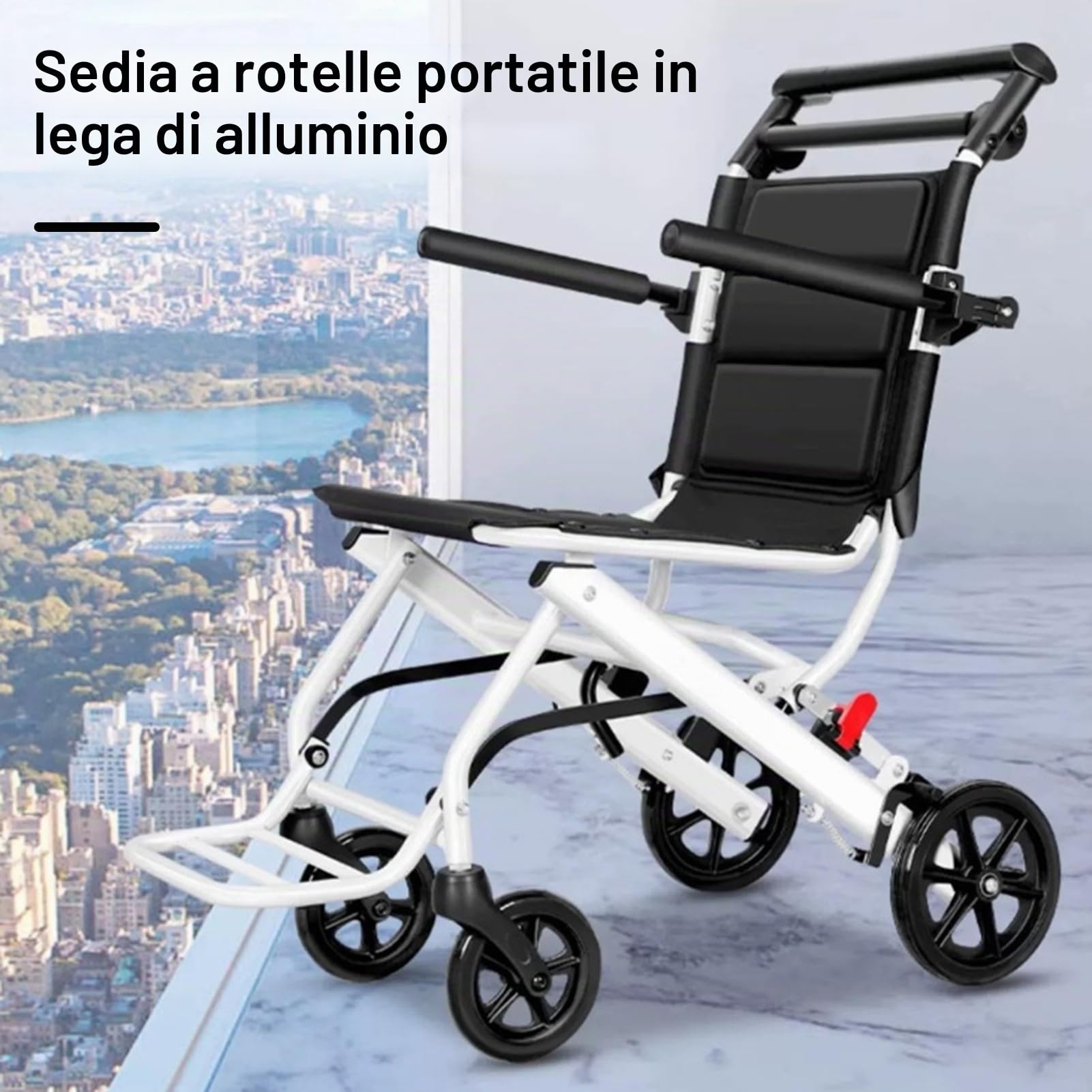 Sedia a rotelle pieghevole, sedia da viaggio portatile per adulti, sedia a rotelle leggera da trasporto con cinghia di sicurezza regolabile, telaio in alluminio, ruote in PU, design