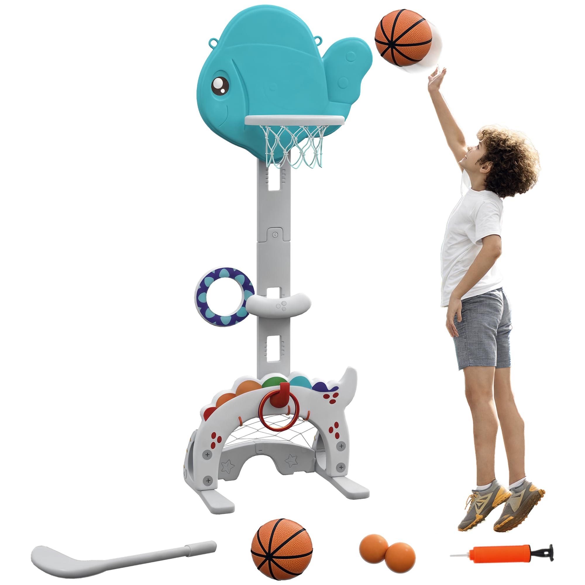 Child playing basketball with the AIYAPLAY 5-in-1 Kids Adjustable Basketball Hoop